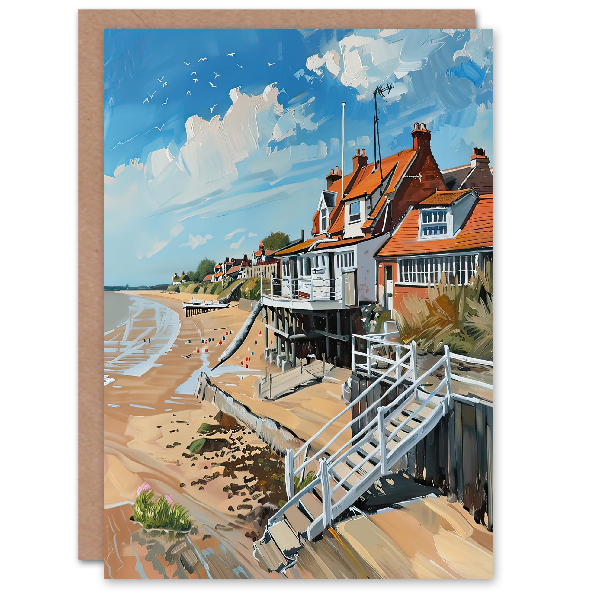Artery8 Greeting Card Frinton on Sea Beach Houses Seaside Oil Painting Blank For Him Or Her Art Birthday Card