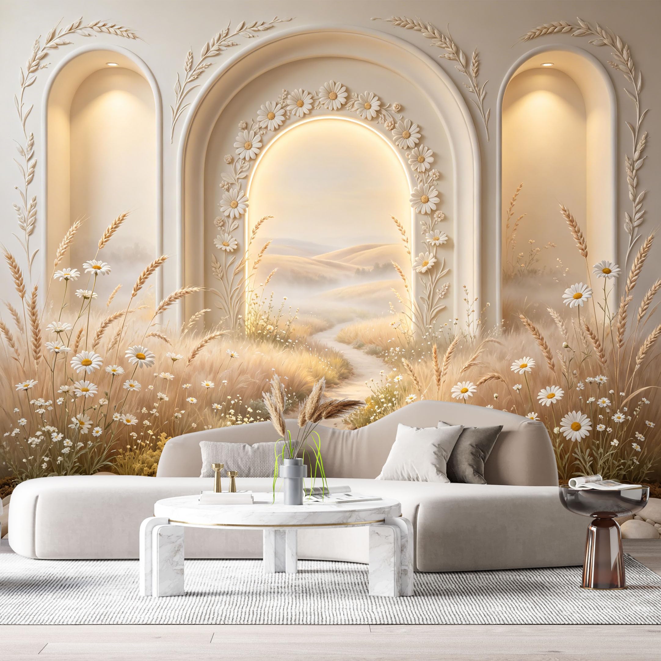 Custom Size Wall Murals Archway Daisy Field Wheat Landscape 3D Trompe L'Oeil SelfAdhesiveWall Fabric Removable Wallpaper Wall Decor for Living Room Bedroom Bathroom