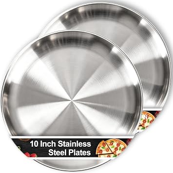 Stainless Steel Plates, 2PCS 10 Inch Plates for Kitchen Home BBQ Outdoor | Metal Plate for Dessert Fruit Cake Dinner Dishes, Party Serving, Feeding, Dishwasher Safe & Reusable, Healthy & BPA Free