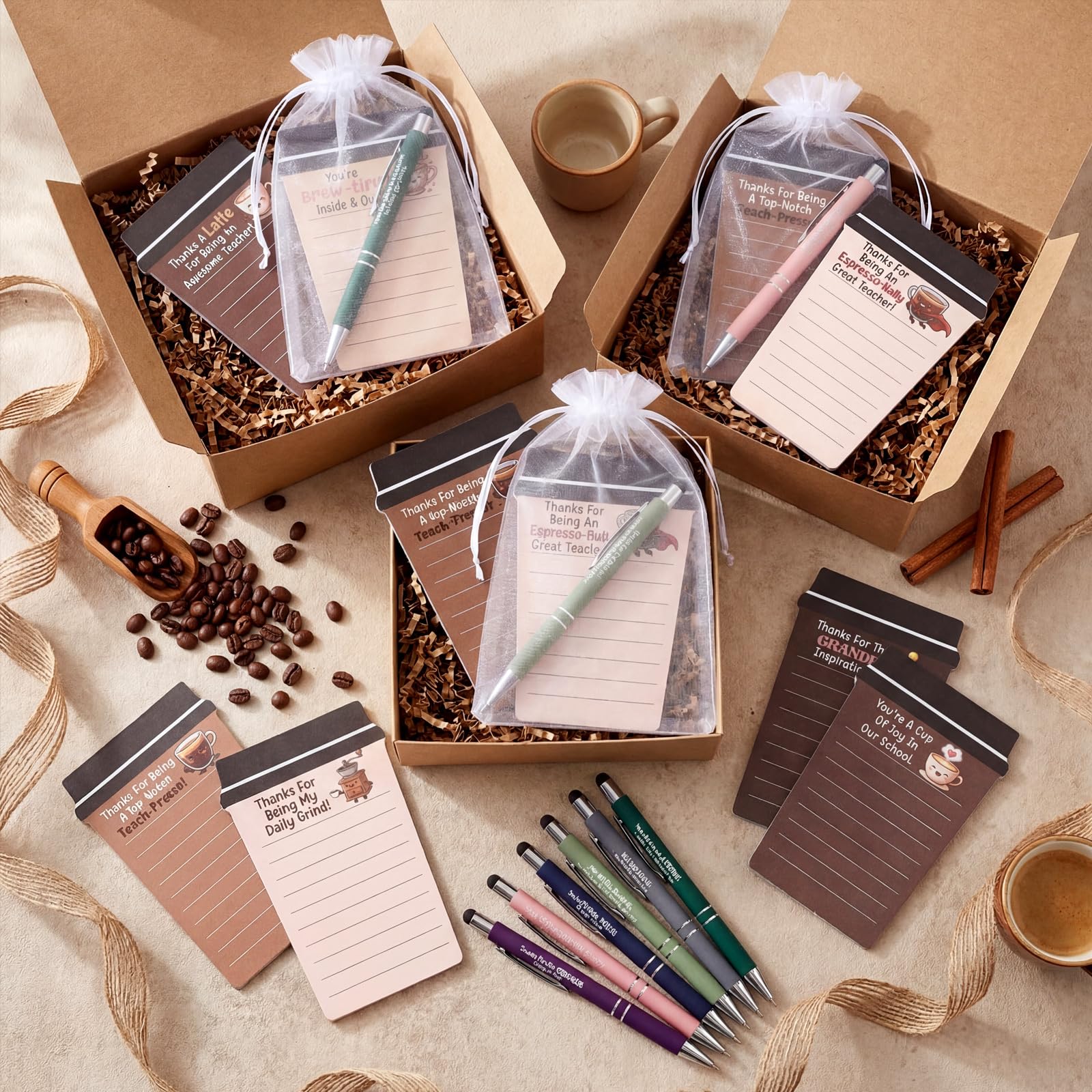 Kosiz 30 Set/90 Pcs Coffee Teacher Appreciation Gifts Bulk Funny Pun Gifts Coffee Cup Notepad with Pen Funny Pun Sticky Notes Thank You Presents for Teachers from Students for Grad Classroom Supplies