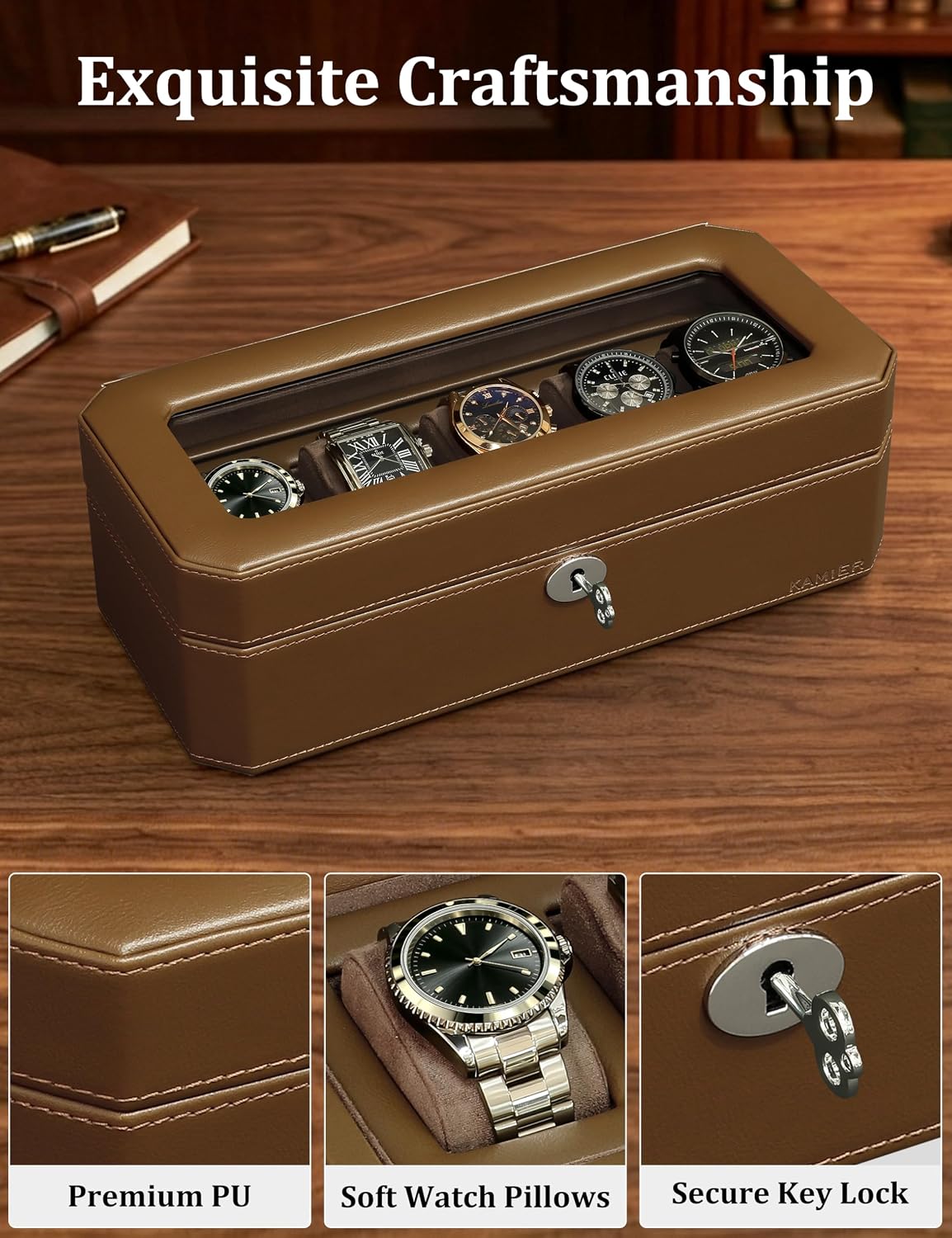 High Quality Watch Case with Lock, PU Leather Watch Organizer Display Case