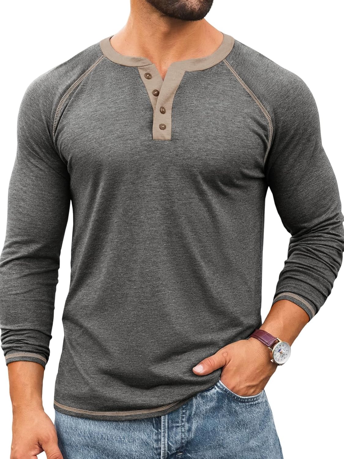 Yousify Mens Henley Shirts Long Sleeve Casual Basic T Shirts Button Vintage Lightweight Cotton Tee Tops
