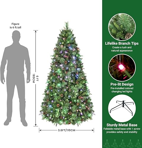 Miniatura 3 de SHareconn Árbol de pino artificial preiluminado de 6 pies con bisagras con control remoto, versión mejorada con 340 luces LED RGB que cambian de