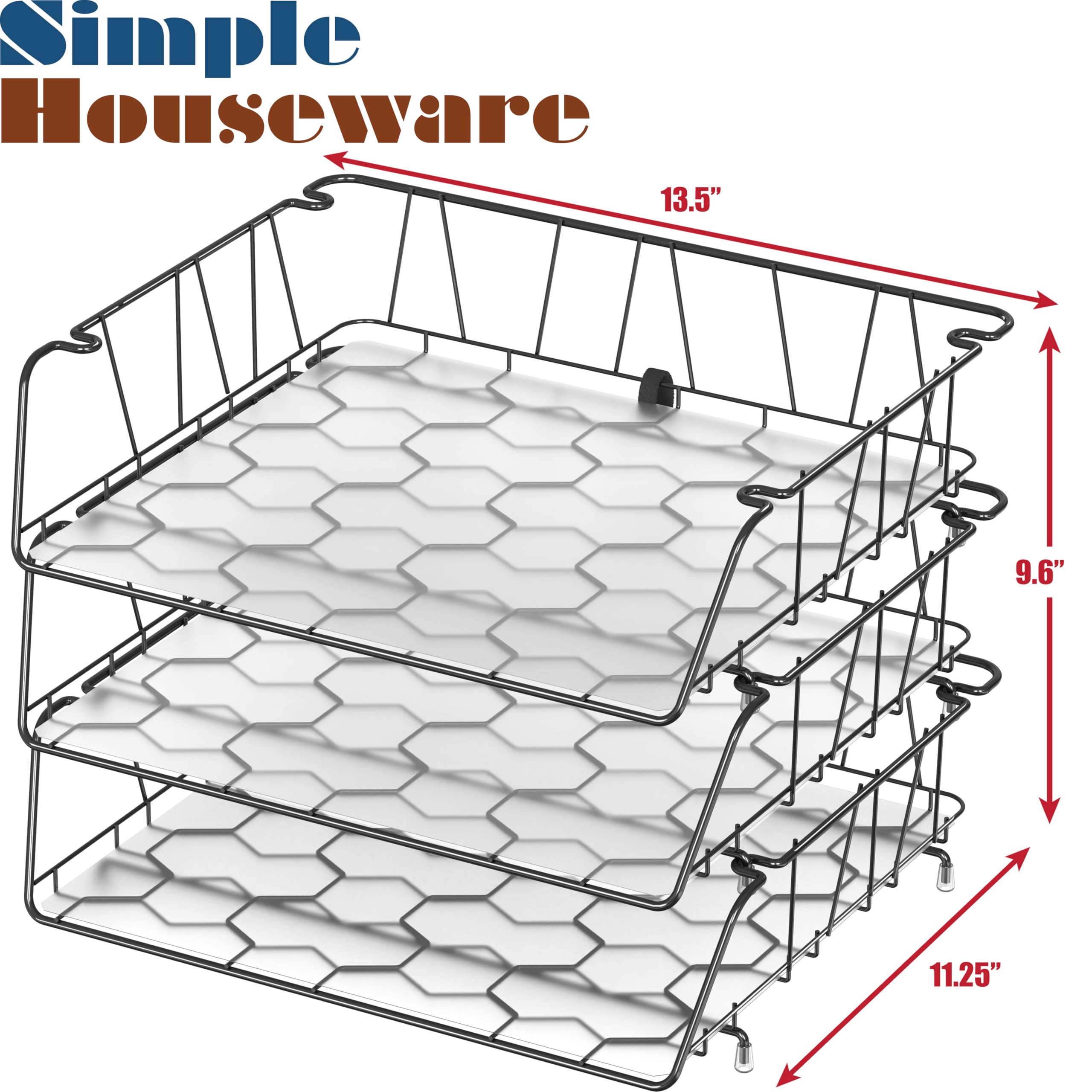 SimpleHouseware Stapelbare Briefablage mit breitem Eingang, mit Auskleidung, Drahtgitter, 3 Packungen, Schwarz
