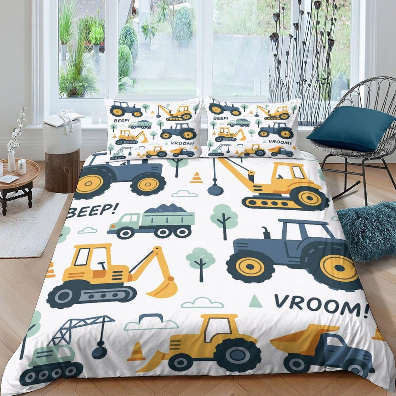 GPLZQXKJNH 3D Printed Construction Vehicles Duvet Cover Set Microfiber Soft Breathable Excavator Bedding Set with 2 Pillowcases for Bedroom Decor Single（135x200cm）