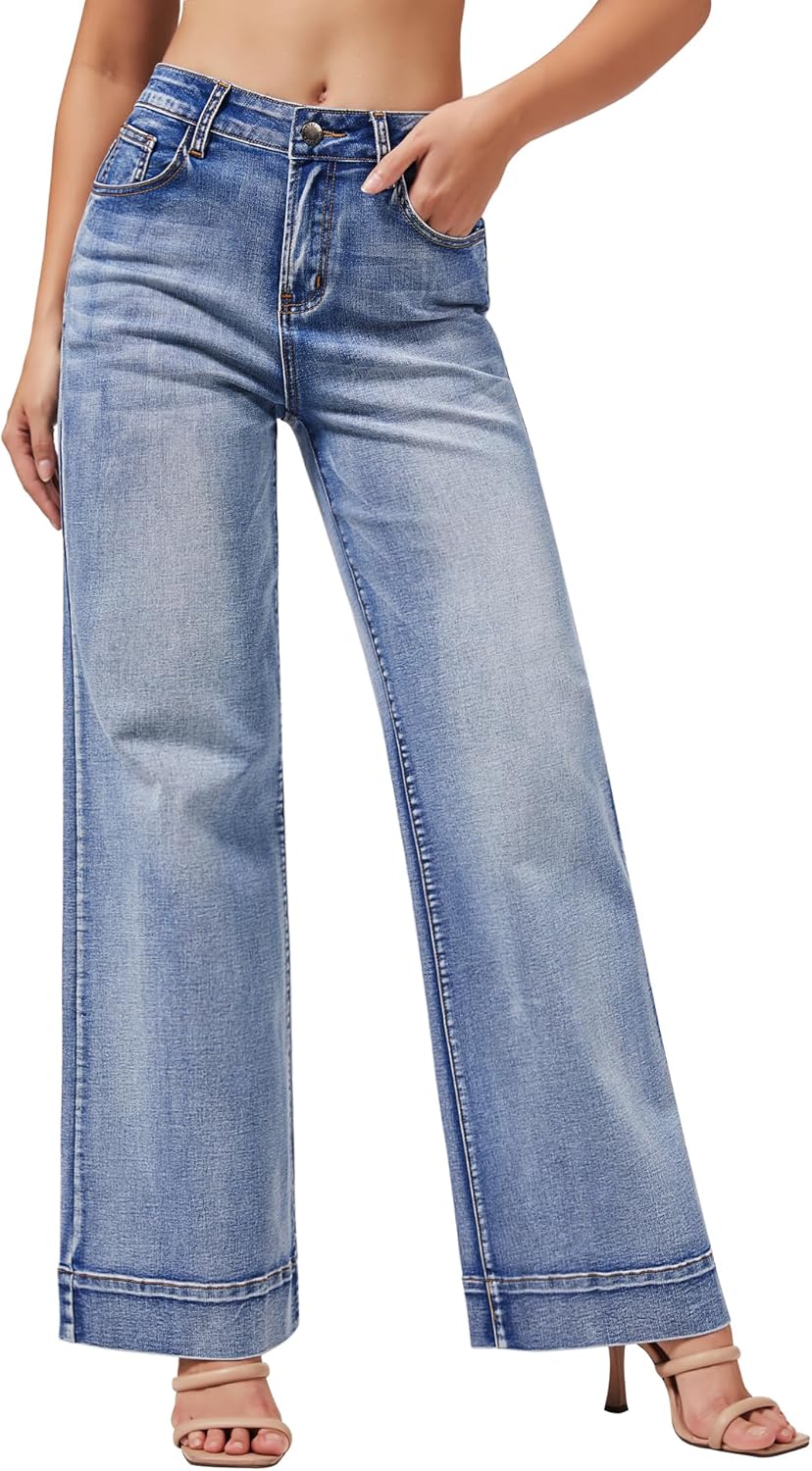 roswear Women's Wide Leg Jeans Casual High Waisted Stretchy Baggy Loose Long Trouser Jeans