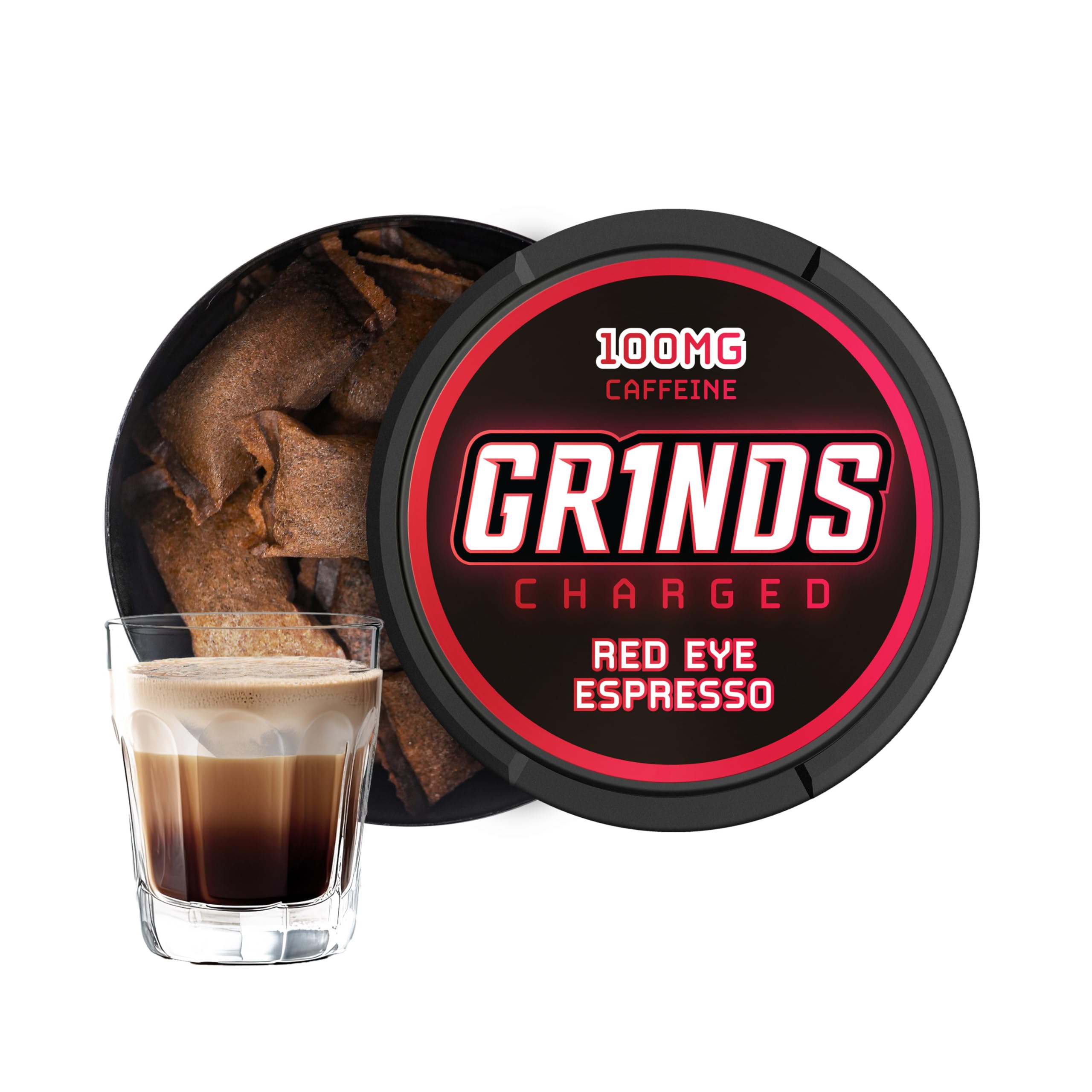 Grinds Coffee Pouches | Tobacco Free, Nicotine Free Healthy Alternative | 3 Cans, 12 Pouches Per Can | 4x Caffeine, 100mg Per Pouch (Red Eye Espresso)