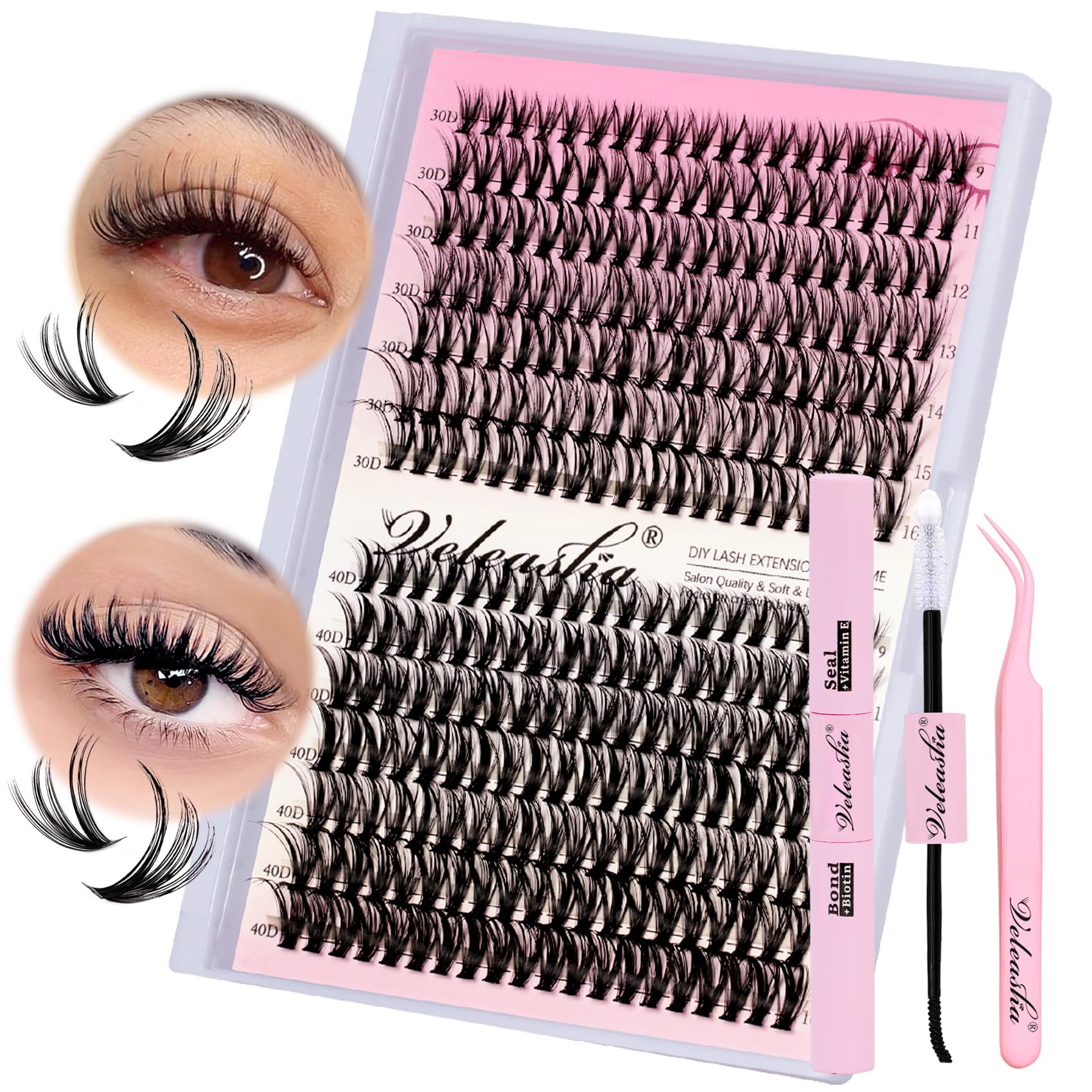 VeleashaDIY Lash Extension Kit Individual Lashes 280PCS Cluster Eyelash Extensions Kit with Lash Bond and Seal Waterproof Cluster Lashes for Beginners DIY Lash Clusters at Home(30D+40D,9-16MIX Kit)