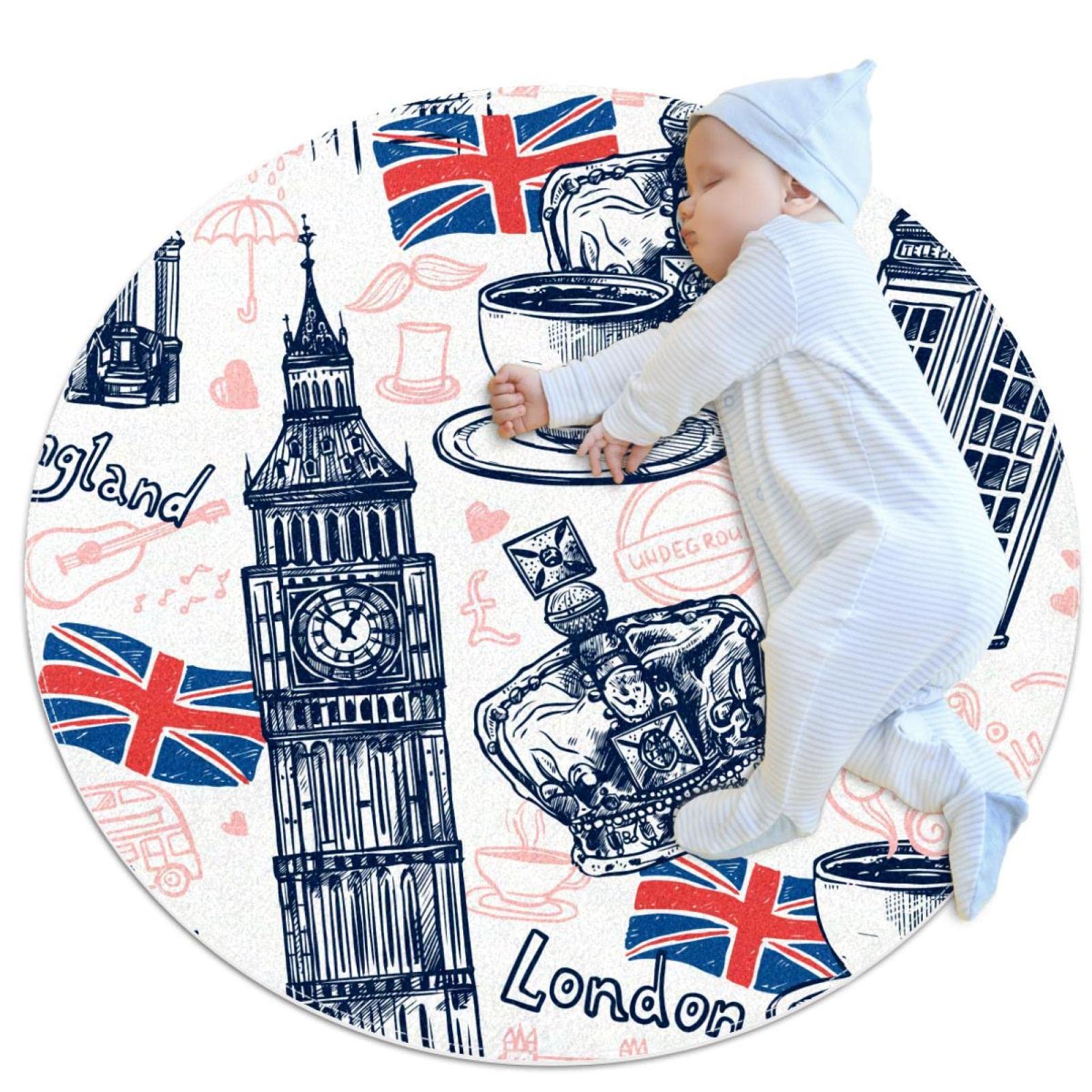 Petit tapis de salle de bain rond de 1m antidérapant style London pour chambre et salon