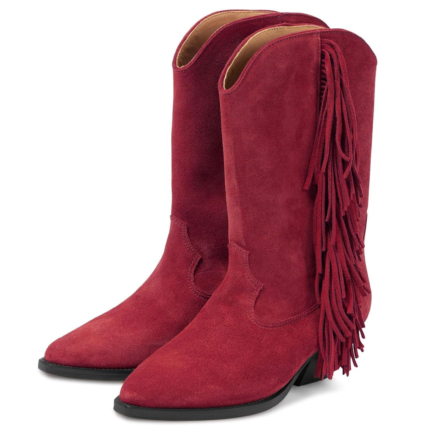 Womens Comfortable Chunky Heel Cowgirl Western Boots Fashion Fringe Pointed Closed Toe Pull On Cowboy Low Block Heel