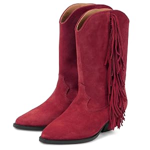 Womens Comfortable Chunky Heel Cowgirl Western Boots Fashion Fringe Pointed Closed Toe Pull On Cowboy Low Block Heel