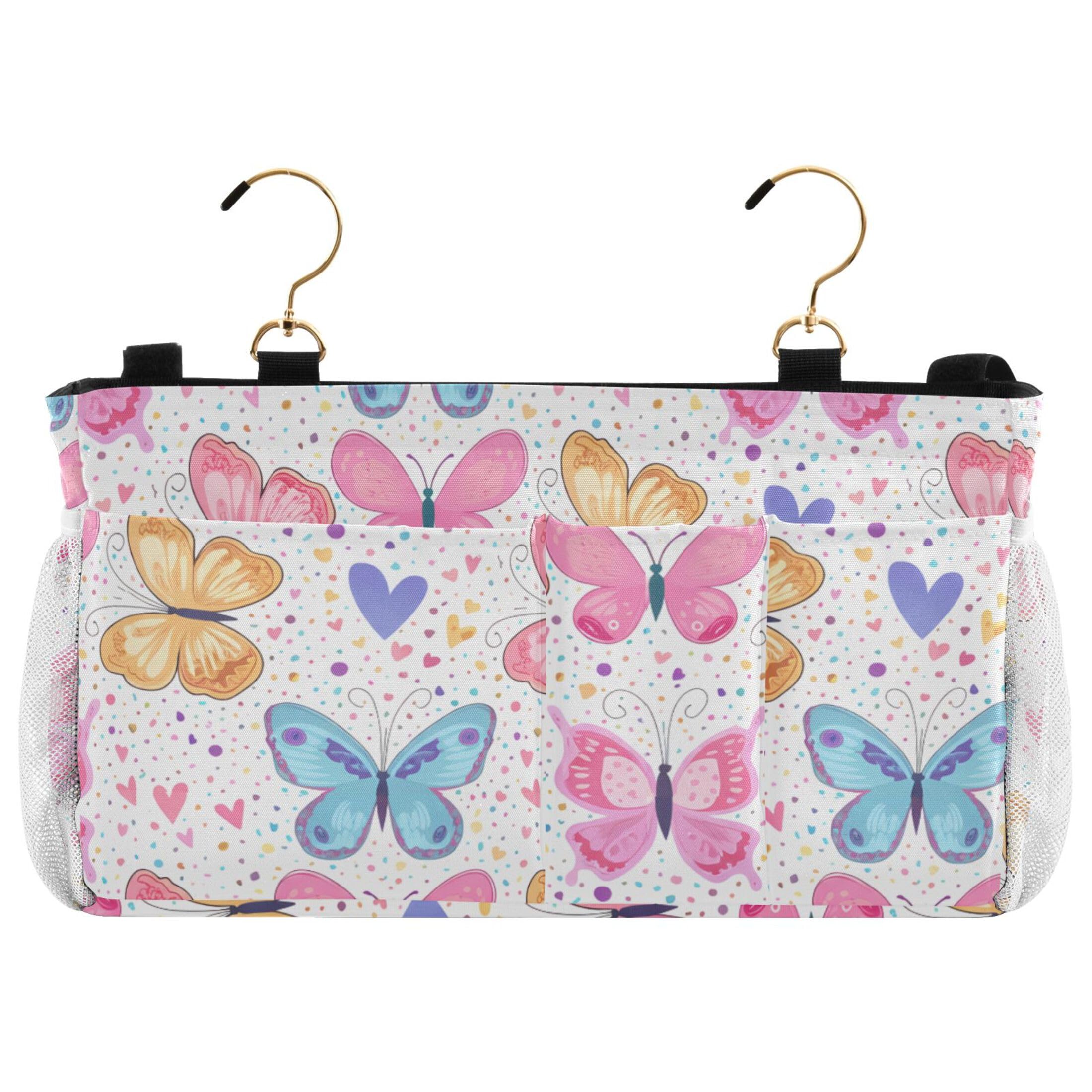 Burbuja Colorful Butterflies Bedside Caddy Hanging Storage Organizer with 2 Straps and Hooks for Home College Dorm Bunk Bed Hospital Bed Crib