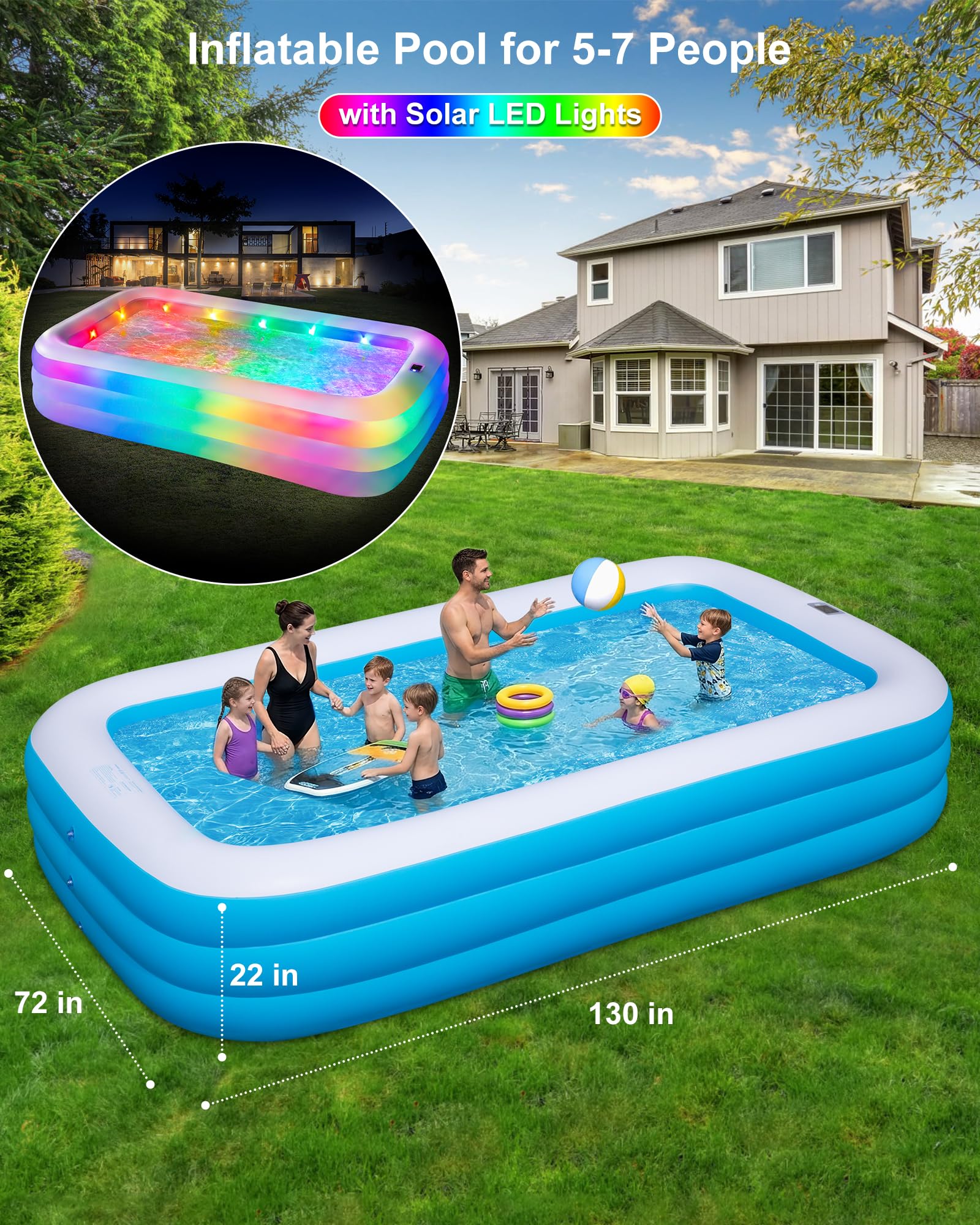 Piscina gonfiabile per adulti e bambini, 330,2 x 182,9 x 55,9 cm, piscina gonfiabile con luci, grande piscina gonfiabile per famiglia, piscina gonfiabile ispessita per cortile esterno