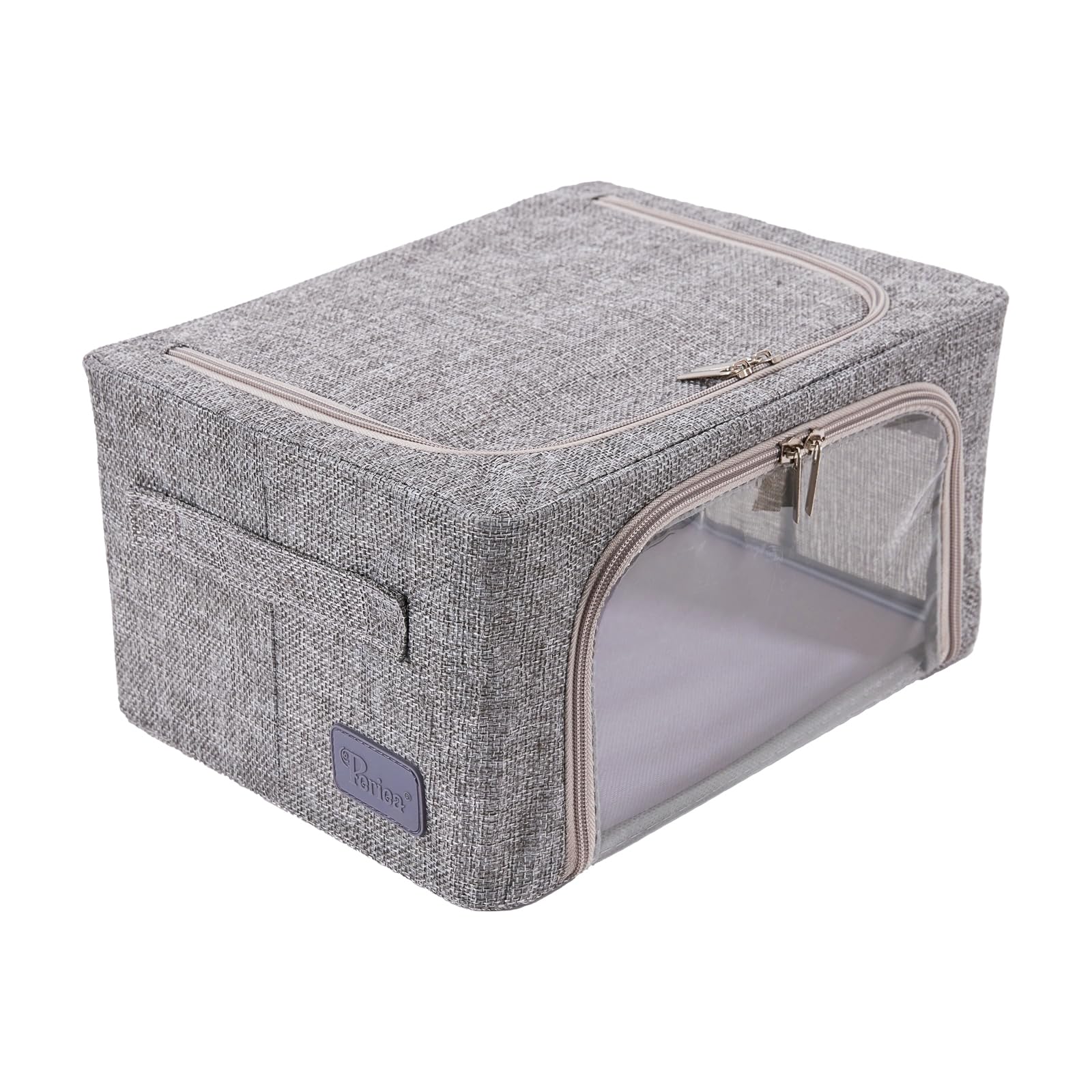 Periea ‘Beau’ Folding Collapsible Stackable Fabric Home Storage Boxes with Steel Frames (Grey Hemp, Compact)