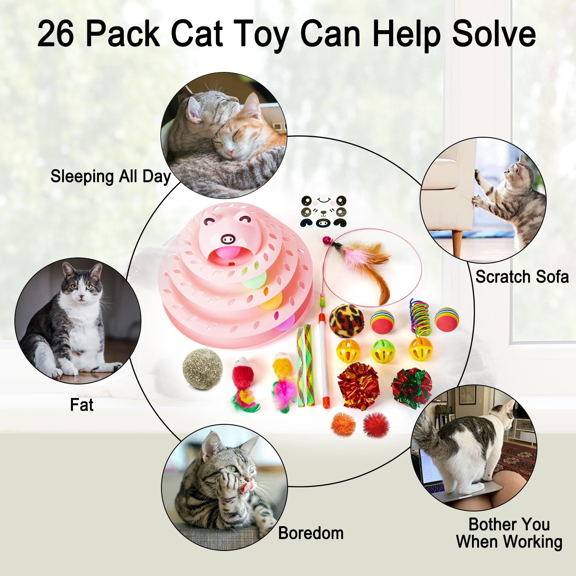 Suhaco 26 PCS Interactive Cat Toys for Indoor Cats Roller 4 Level Track Kitten Toys with 4 Colorful Balls Self Play Kitty Ball Toys Feather Wand Pet Toys for Boredom (Pink) - Image 3