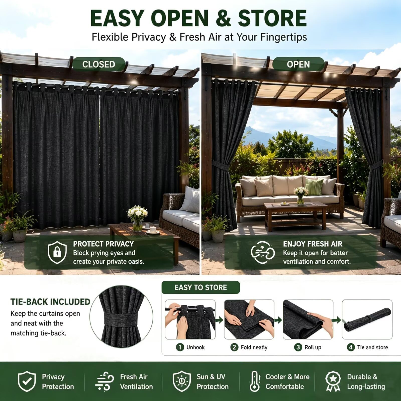 Pavillon Vorhänge Outdoor Sichtschutz mit Ösen H259 x B254cm Schwarz | Wetterfester Vorhang für Garten, Balkon und Terrasse mit langlebigem Oxford Gewebe
