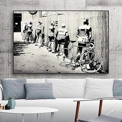 GUDOJK Quadro su Tela Bianco e Nero Bicicletta Ciclista Stampa Bici Vintage Foto Poster Regalo per arredo Bagno Uomini pipì Pissing Ciclismo su Strada Wall Art-60x80cm