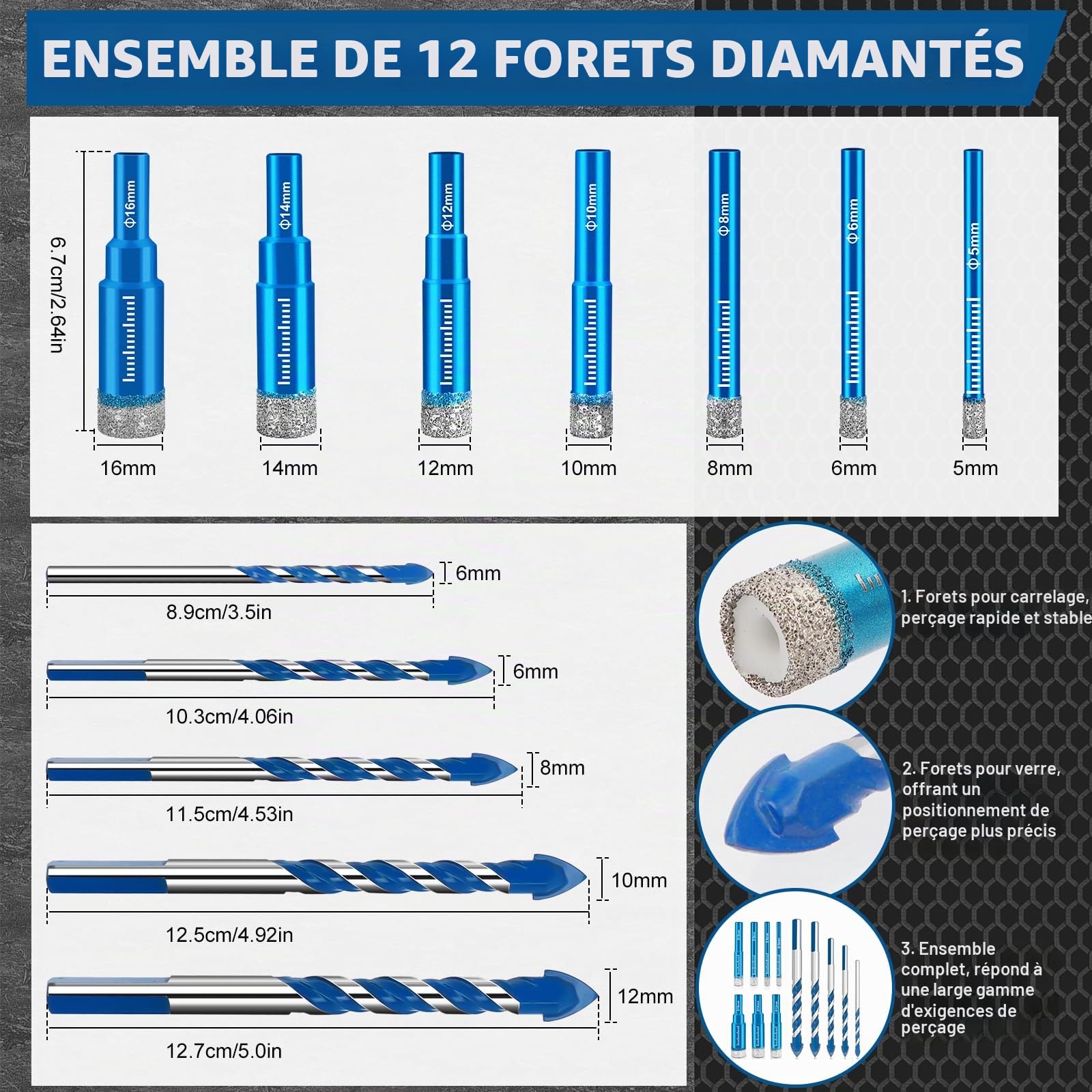 Kit de Foret Diamant Carrelage,Trépan Diamant 7 Pièce 5/6/8/10/12/14/16mm et Forets à Pointe en Carbure de Tungstène 5 Pièce 6/6/8/10/12mm,Foret Diamant Pour Céramique Carrelage Porcelaine Marbre
