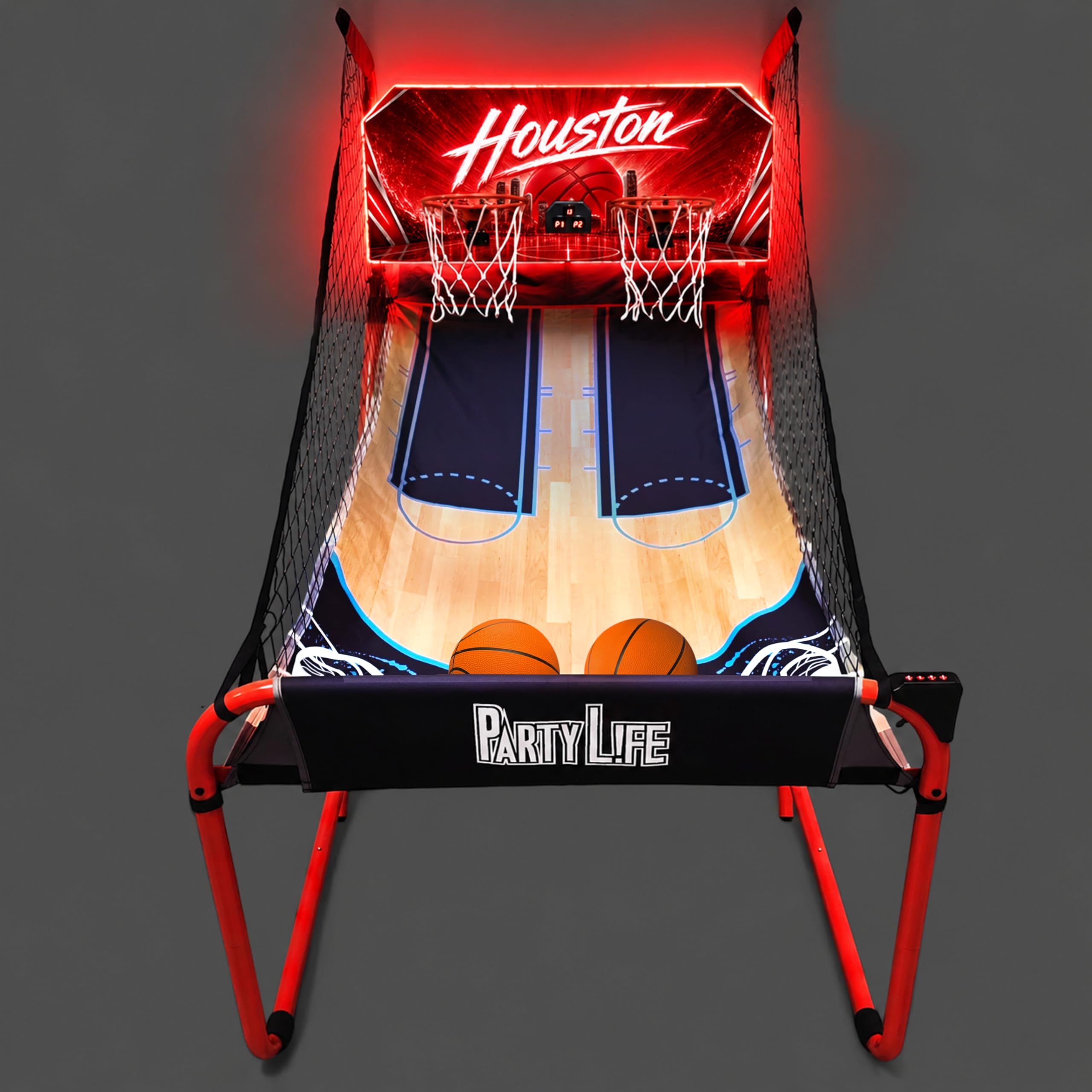 PartyLife 2-Player Basketball Arcade Game w/LED Lights | Electronic Scoring | 5 Balls, 1 Pump, 8 Games | Folding Design | Heavy-Duty Steel Frame