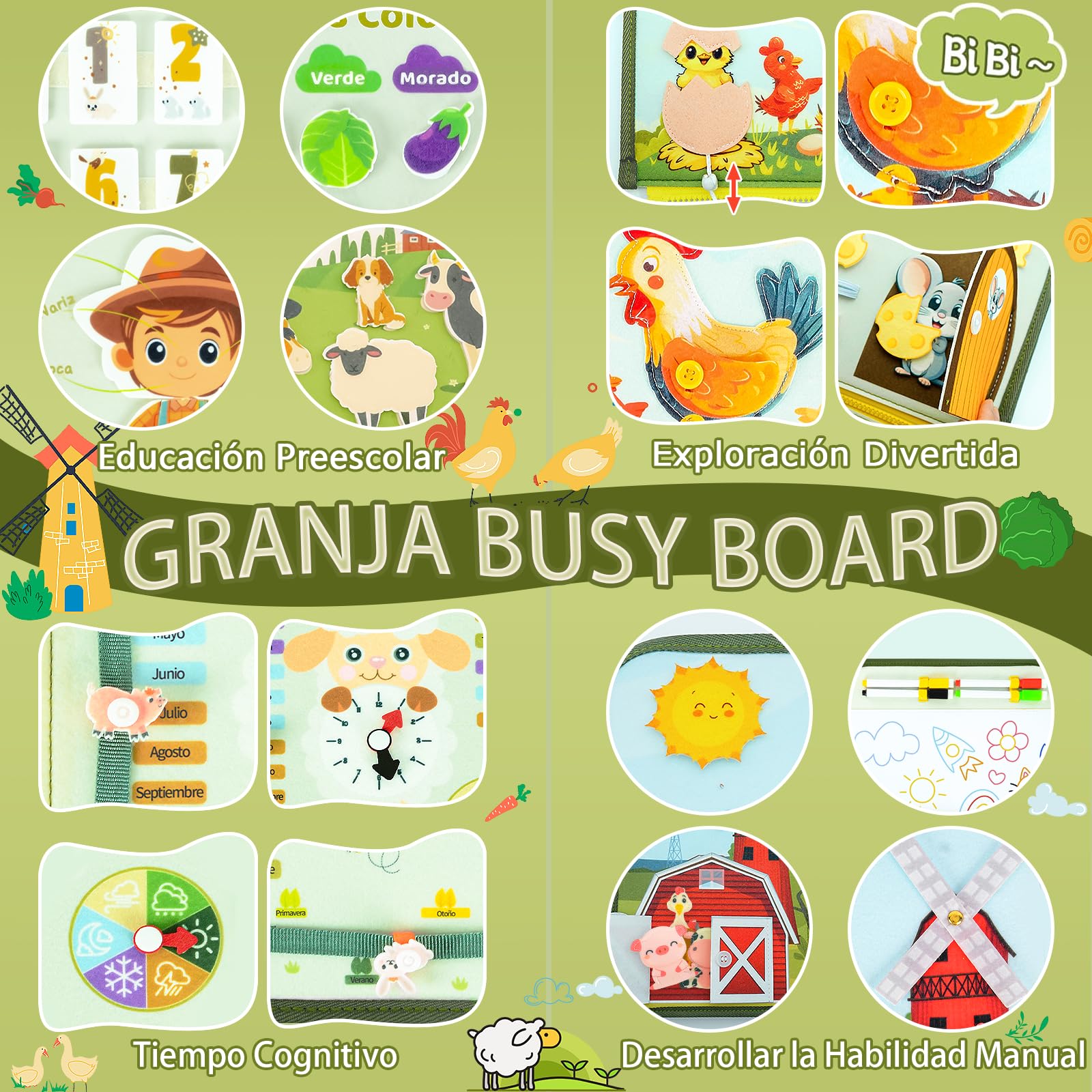 Español Busy Board Juguetes Montessori,10 en 1 Granja Tablero Sensorial Montessori,Motricidad Fina Juguetes Niños 1 2 3 4 Años,Juegos Educativos de Aprendizaje,Regalos Niños Niñas Cumpleaños Navidad