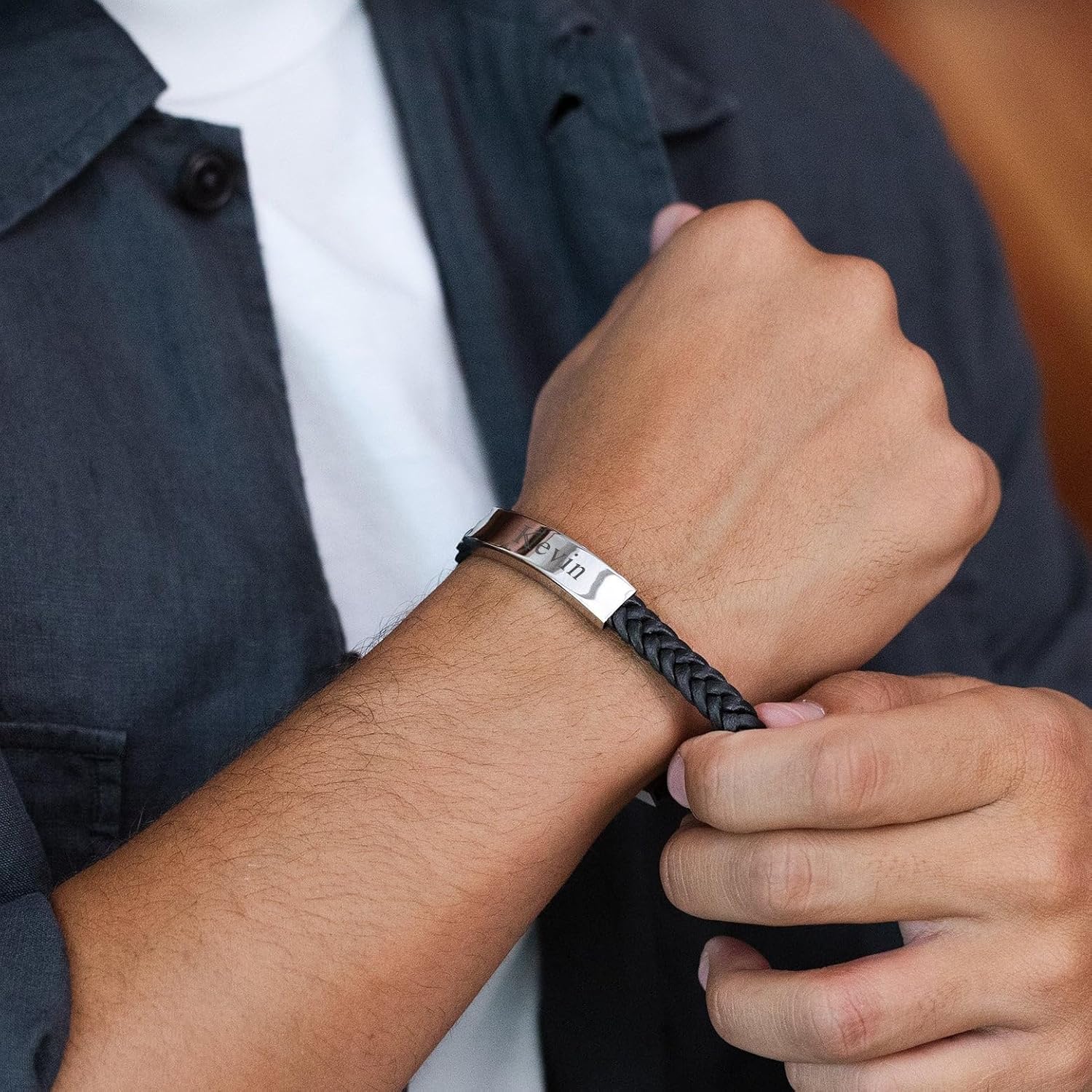 Men's Custom Engraved Black Braided Leather ID Bracelet, 8.75 inches long - Custom Bracelets for Men - Men's Jewelry - Friendship Bracelet - Gifts for Dad - Birthday Gift for Him - Groomsmen Gifts -