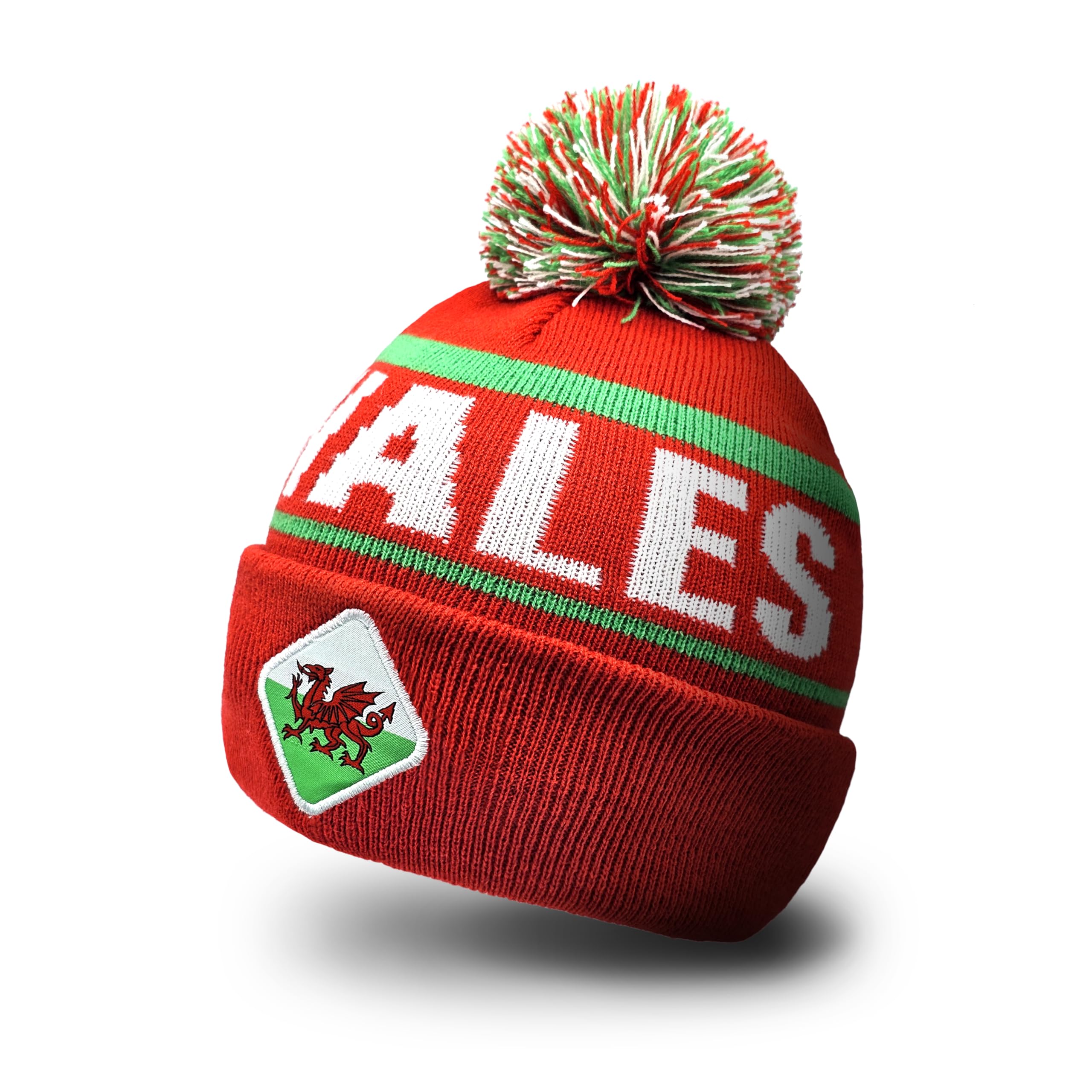 Strength & Honour Unisex Red And White Welsh Beanie Hat - Wales Cymru Adult Football Rugby Yma O Hyd Supporter Fans Double Knitted Hat With Bobble Pom Pom Dragon Embroideried Patch