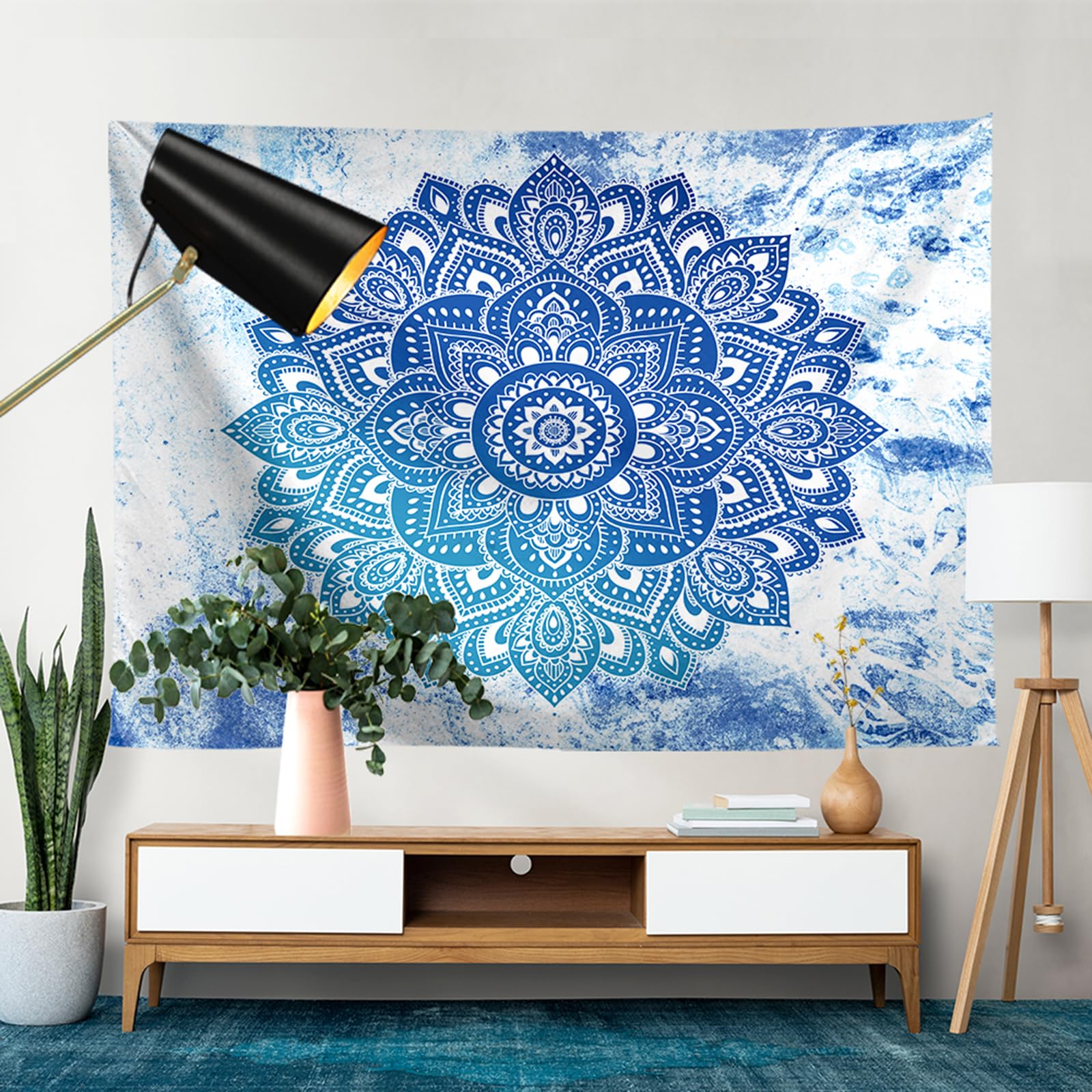 Yosugar Dywan ścienny do sypialni, chusta na ścianę, dekoracja pokoju, dywan ścienny w stylu boho, do dekoracji pokoju, sypialni, salonu (jasnoniebieska mandala, 200 x 150 szer. cm, bez ramki)