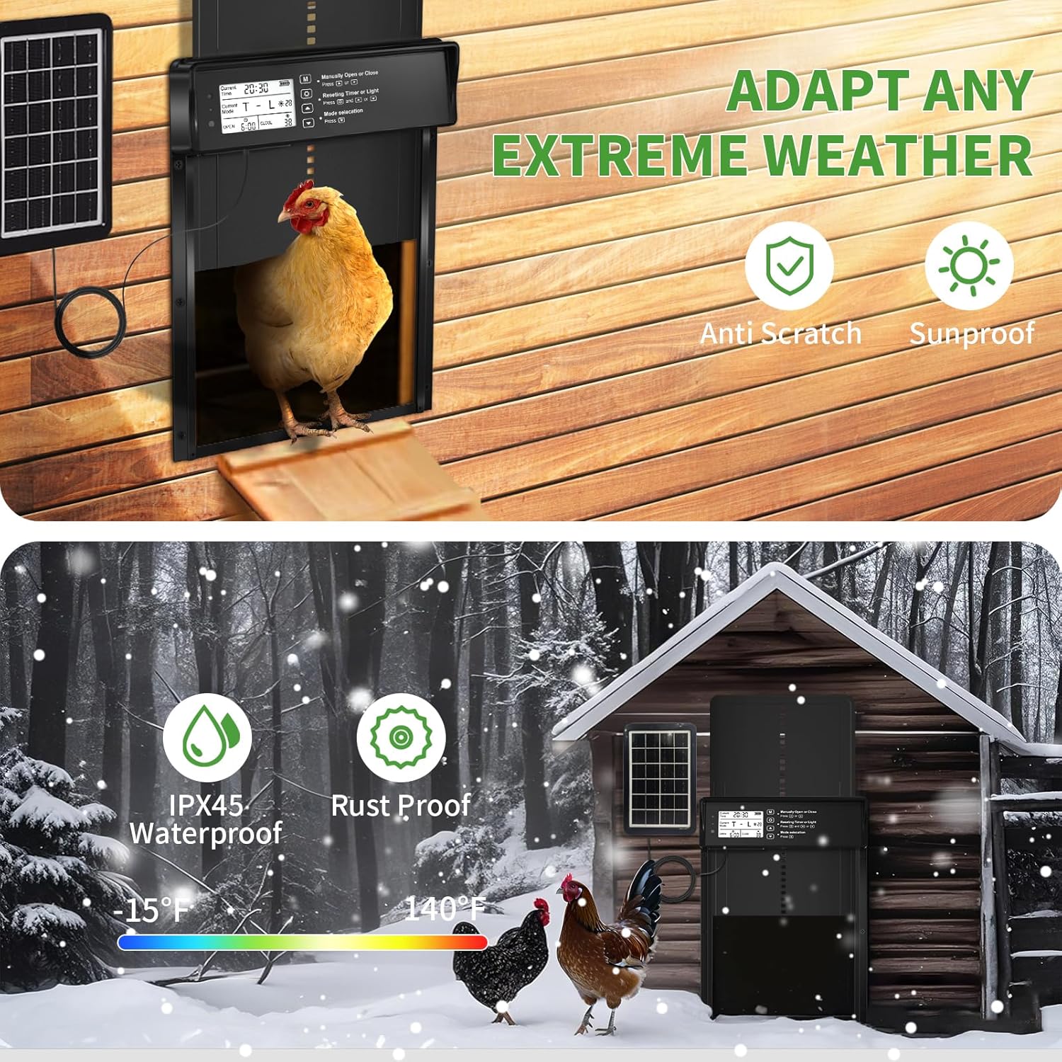 ONKO Automatic Chicken Coop Door Solar Powered with LCD Display, Automatic Chicken Door with Timer & Light Sensor - Remote Control, Anti-Pinch Safety Design & Durable Aluminum Alloy Construction