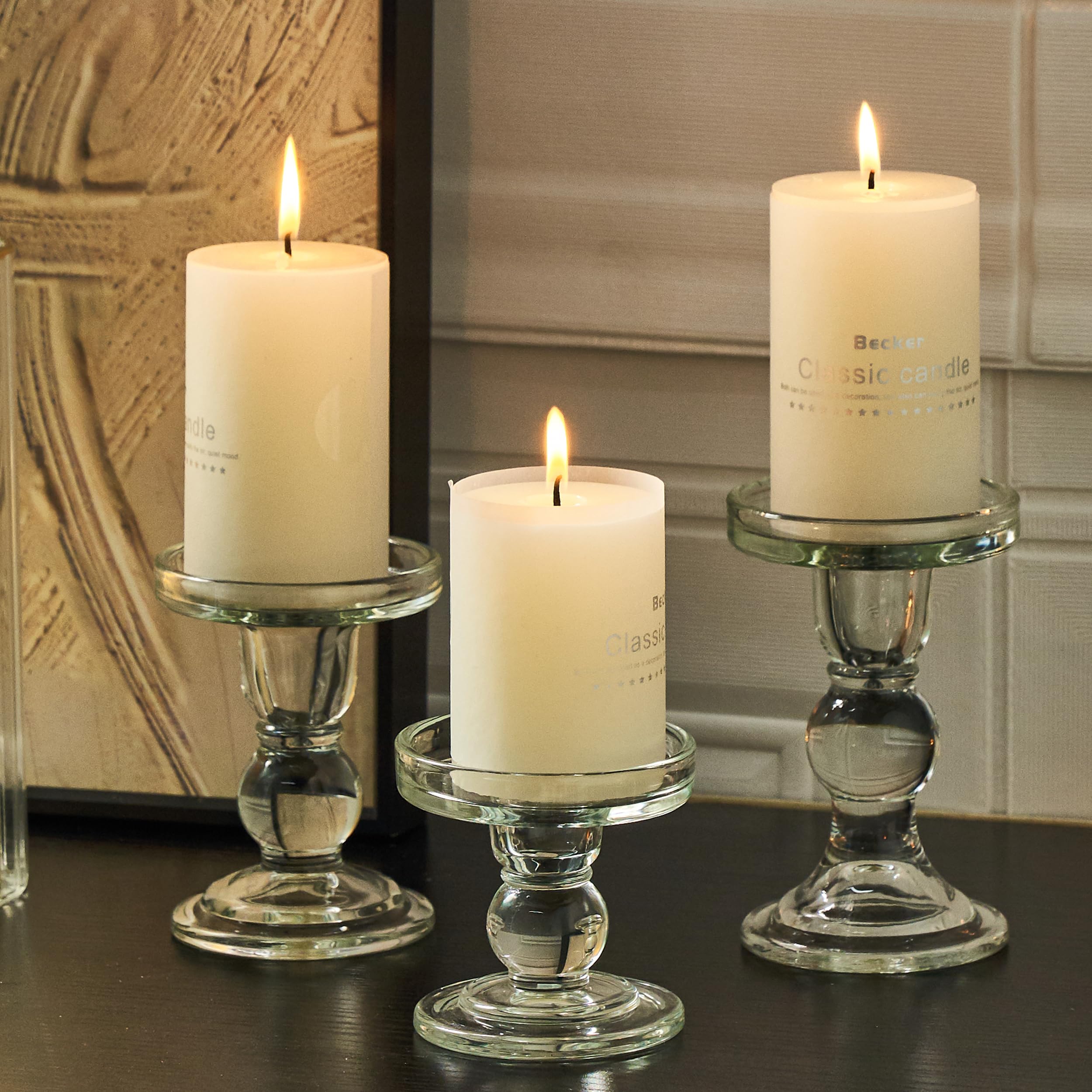 Willceka 3 Pcs Clear Candle Holder, Glass Pillar Candle Holder Set for Taper Candlestick Pillar(Clear)