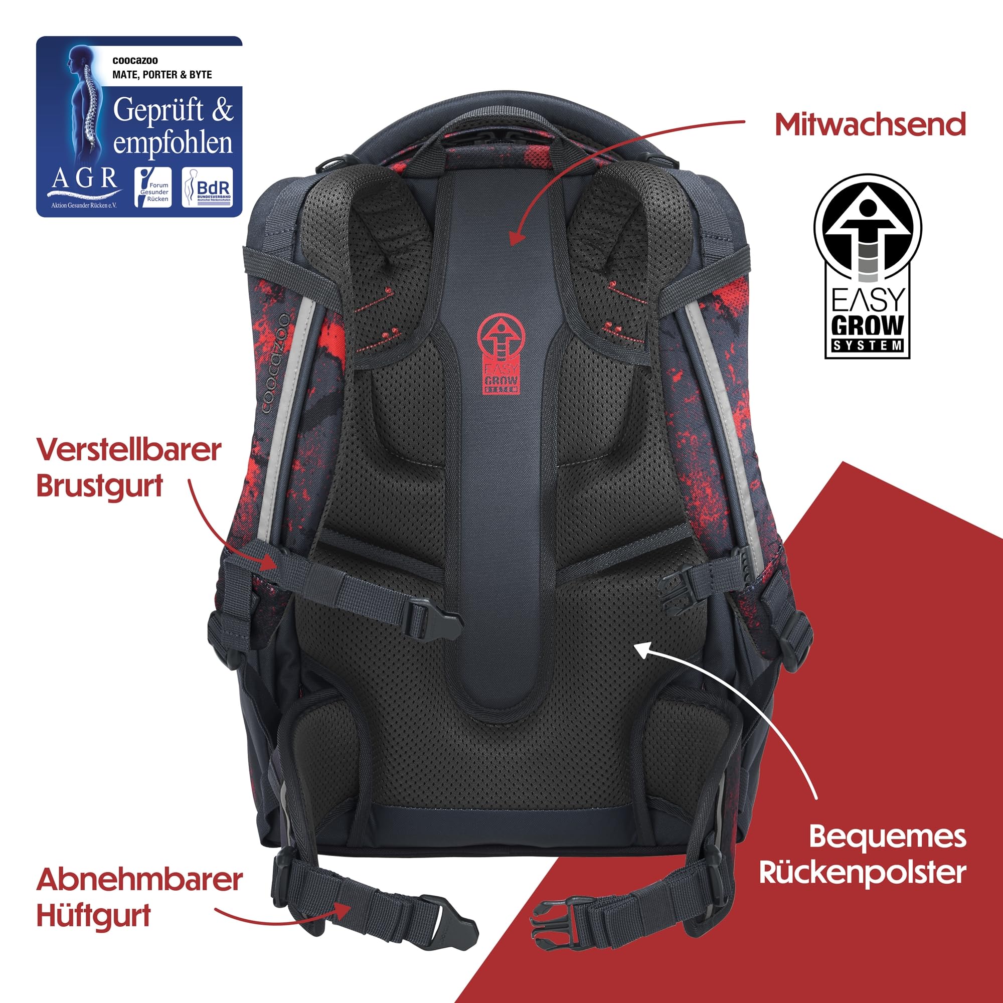 coocazoo Porter Schulrucksack „Broken Black”, schwarz-rot, ergonomischer & anpassbarer Tornister, höhen- & größenverstellbar, mit Brustgurt & Hüftgurt, ab der 3. Klasse