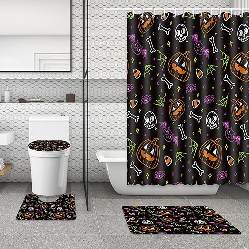 MEHOFOND Juego de 4 cortinas de ducha de fantasmas de Halloween con cortina de ducha y alfombras, cubierta de tapa de inodoro y tapete en forma de