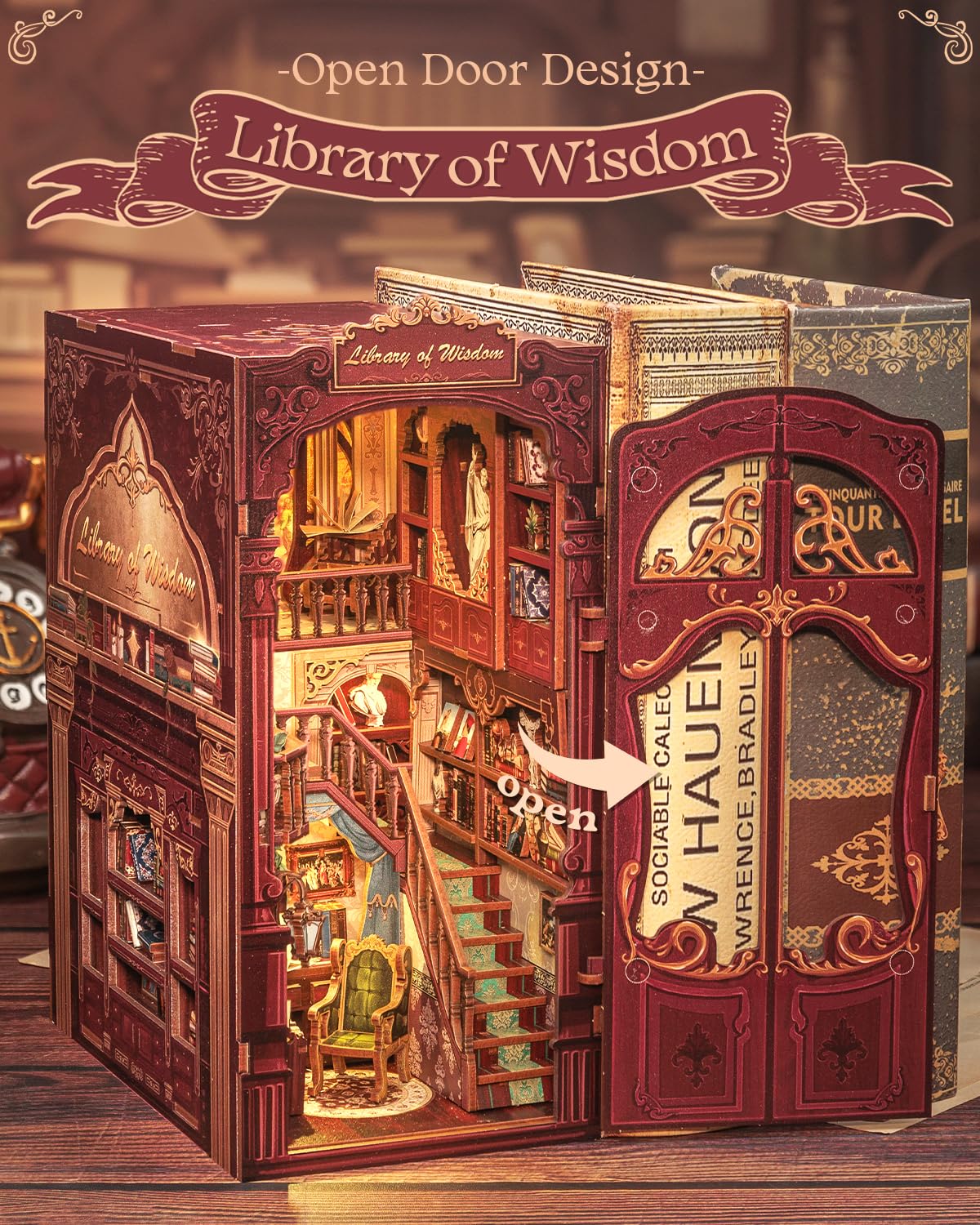 Cutefun DIY Book Nook Kit - Dollhouse Kitaus Wood with Dust Cover, DIY Miniature Dollhouse Book Corner Library Houses Model Kits with LED Lights Bookshelf Decor, Library of Wisdom 2