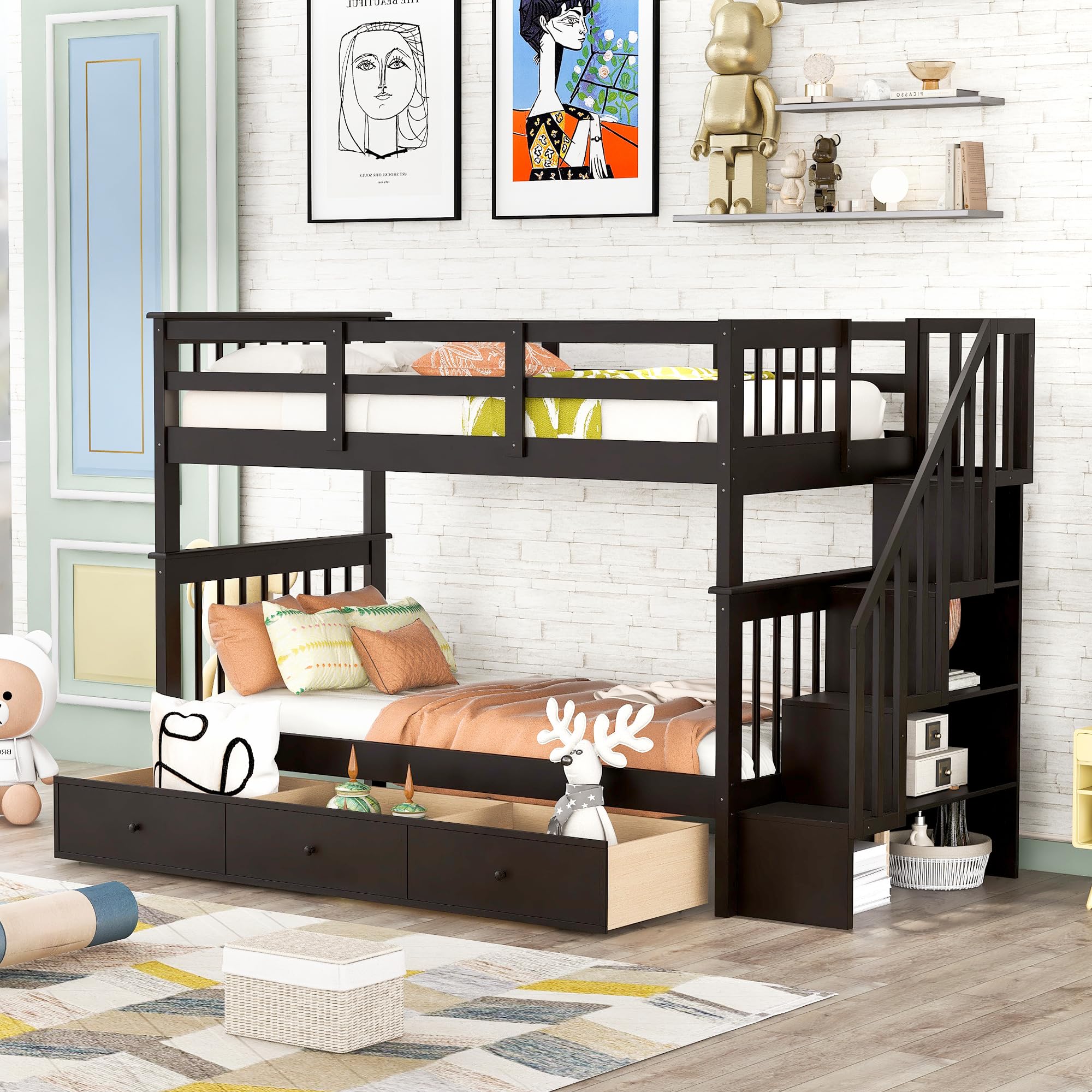 Stairway Bunk Bed Frame with Storage Drawers and Full Length Guardrails, Twin over Twin, Espresso
