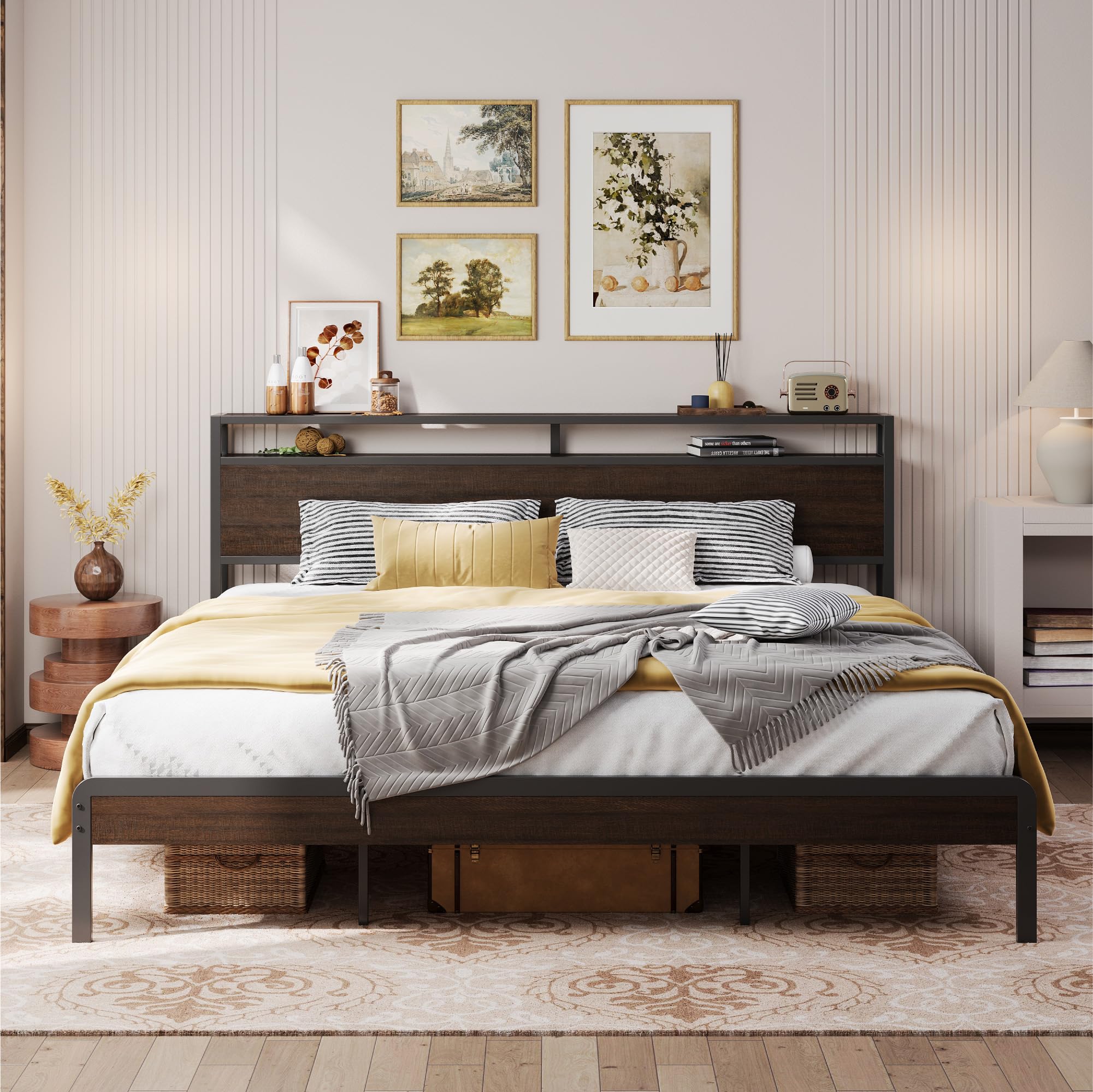 LIKIMIO California King Bed Frames with 2-Tier Storage Shelf Headboard