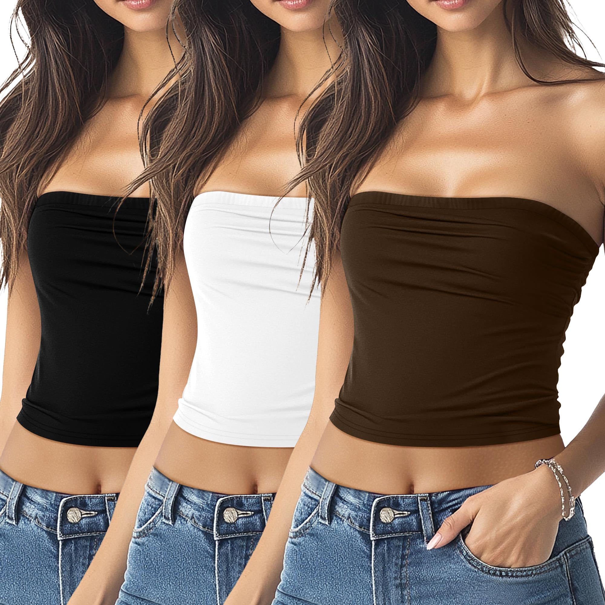 Riyiper 3 Pack Cotton Women's Tube Crop Tops Double Lined Summer Y2K Basic Strapless Sleeveless Stretchy Long Bandeau Tank