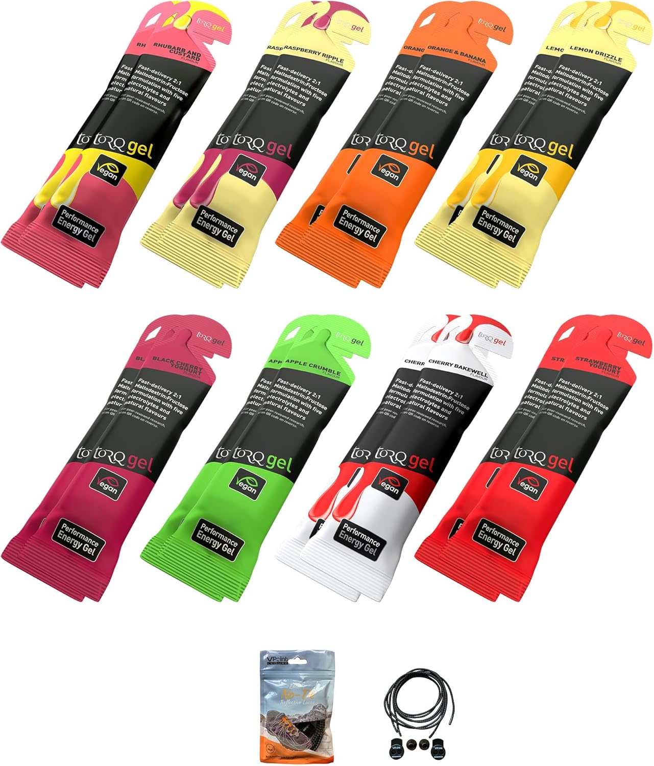 TORQ Energy Gels Pack of 16 Sachets, 8 Different Flavours. Bundled
