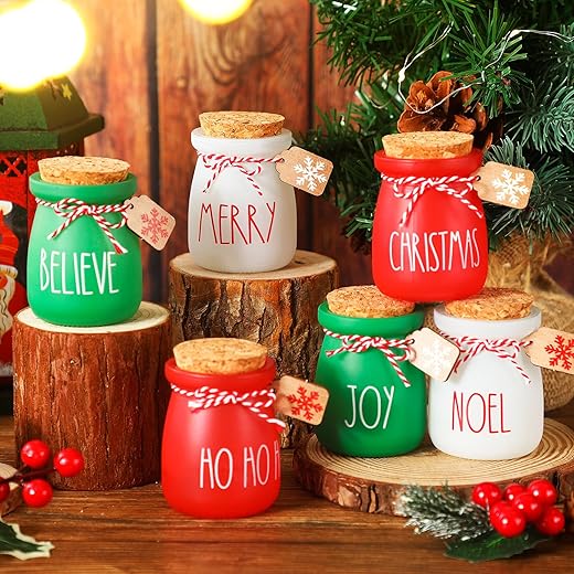 Umigy 6 Pcs Christmas Mini Mason Jars Xmas Mini Pudding Jars Christmas Tiered Tray Decor for Table Holiday Farmhouse Decor for Shelves Mason Jar Decorations with Label Tags String for Xmas Party