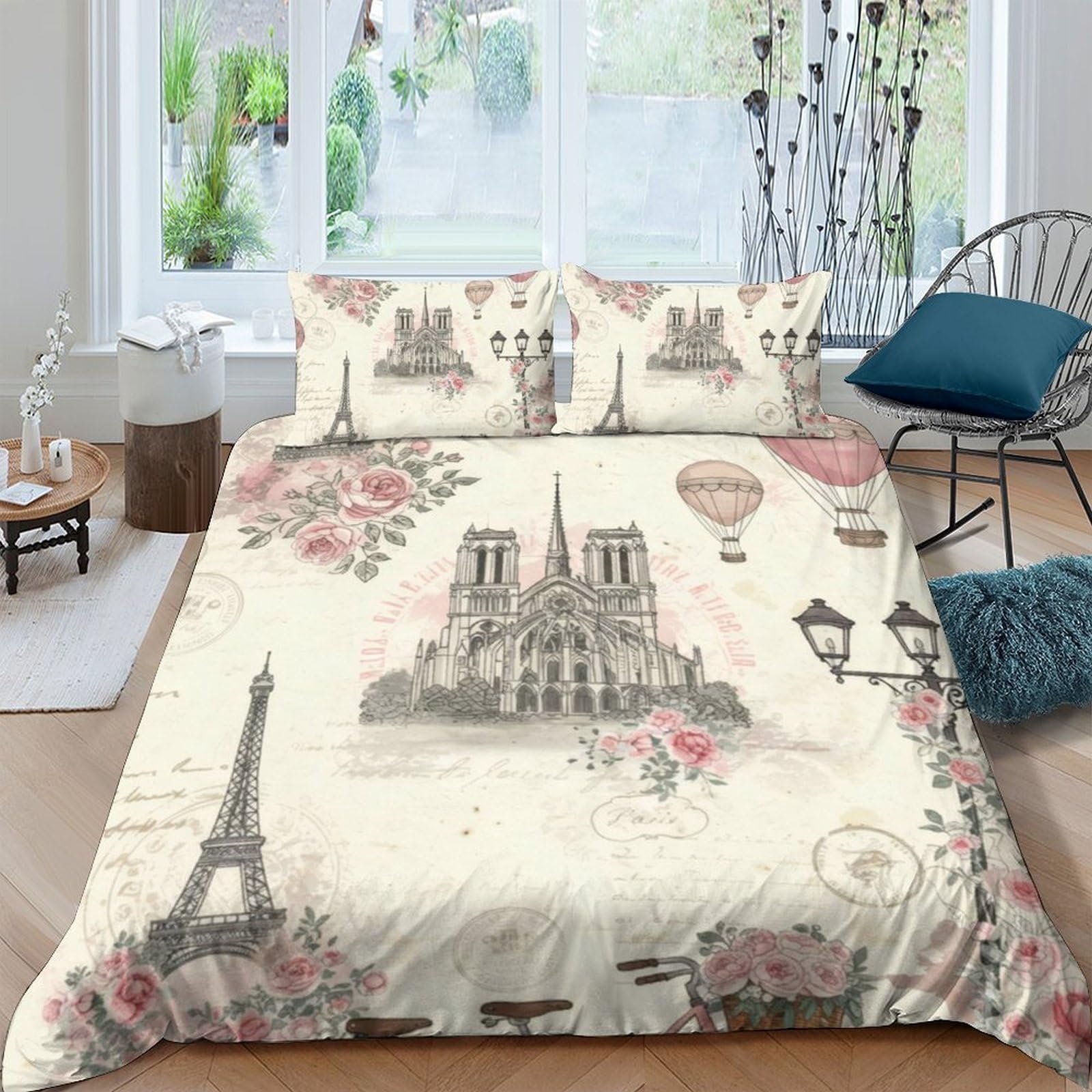 Ctjqhvkz Style-3 3D Printed Paris Landmark Fitted Sheet Microfiber Soft Romantic Eiffel Notre Dame Bed Cover For Bedroom Decor Single（135X200cm）