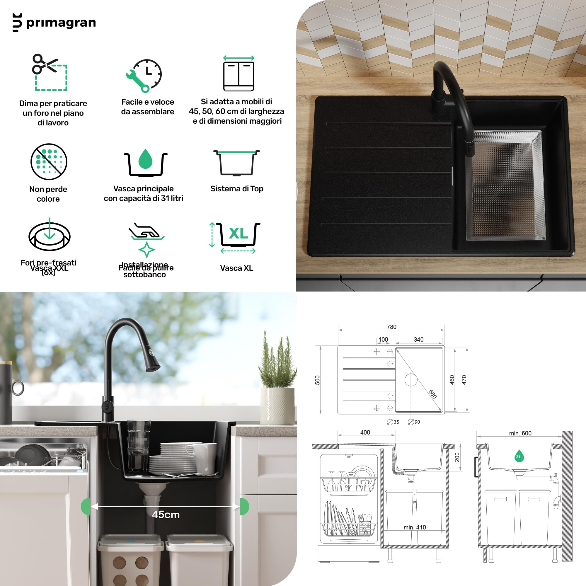 PRIMAGRAN Lavandino da Cucina Tutto Nero 78x50cm, Lavello in Granito a 1 vasca + Rubinetto 40x20cm + Set di accessori, Lavabo da Cucina Incasso al Mobile 45cm - Copenhagen Top S302