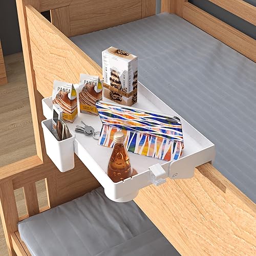 Miniatura 6 de SOLEJAZZ Estante de noche para cama, estante plegable para litera superior con clip en la mesita de noche con cajón, gancho, portavasos y soporte