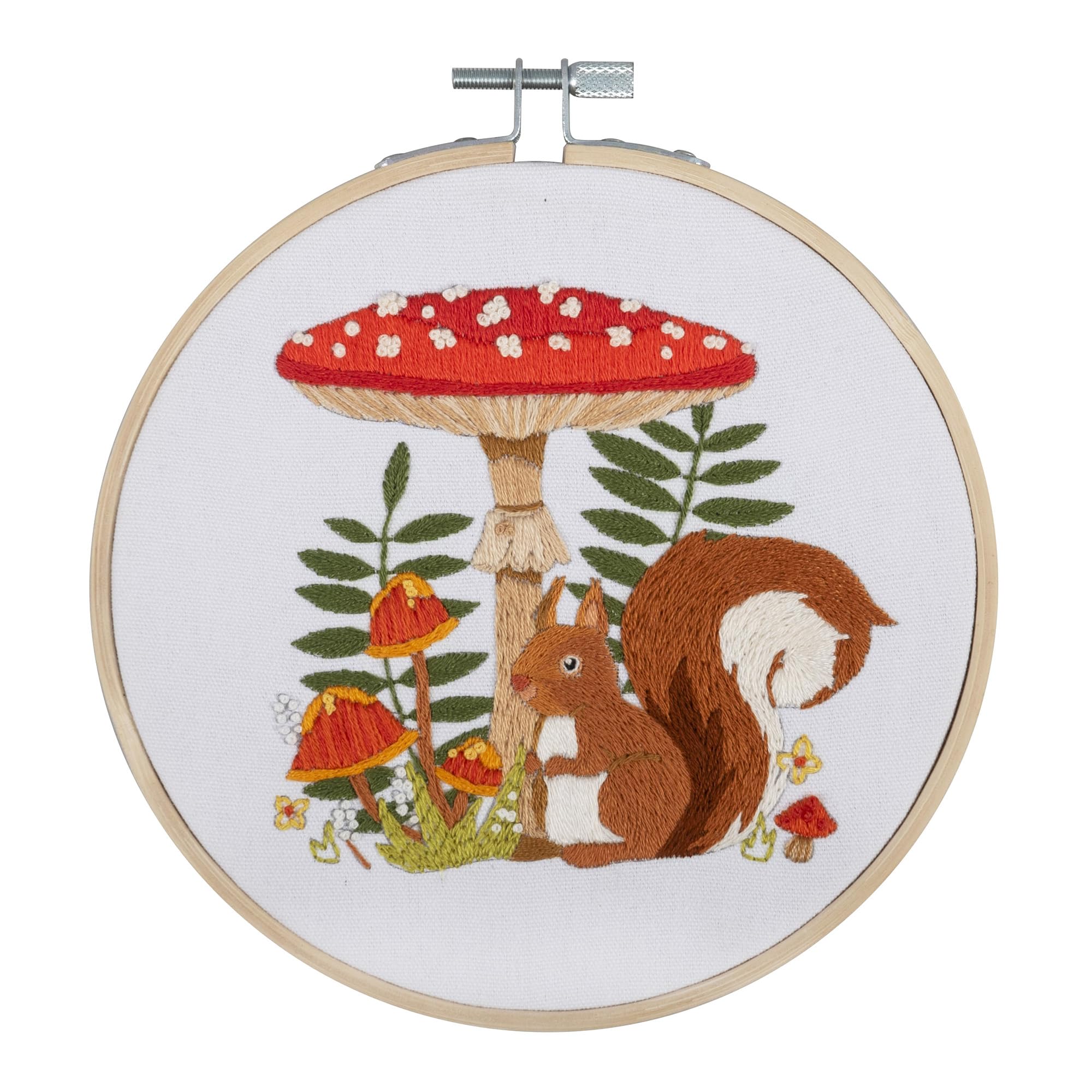 Trimits Embroidery Kits - 15cm 6" Embroidery Beginners Kit, Cross Stitch Kits for Adults, Starter Set with Bamboo Hoop, Fabric, Threads, Needle & Backing - Toadstool Squirrel