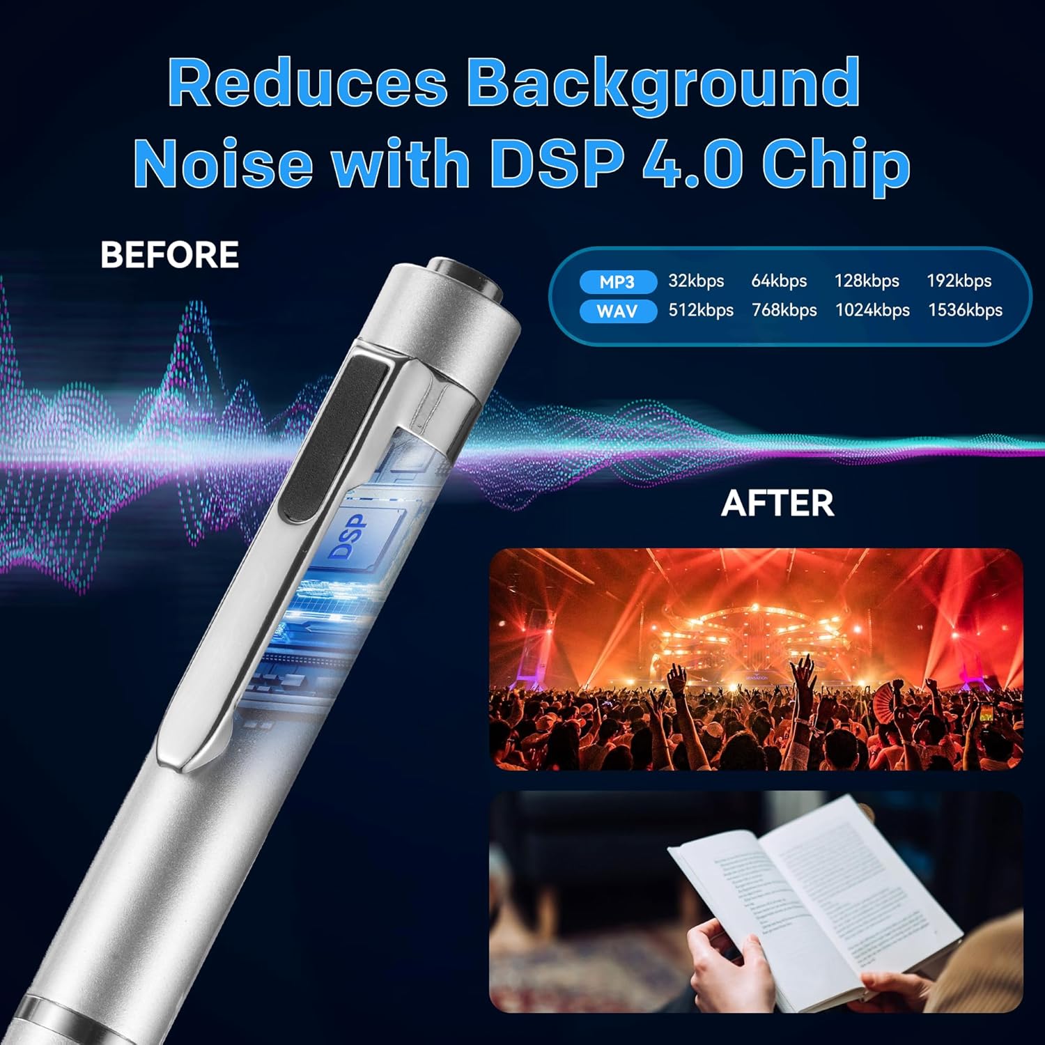 64GB Voice Recorder with Playback: Digital Recording Device with Intelligent Noise Reduction for Meetings | Lectures | Course - Portable Audio Recorder for Student | Workplace Use (Silver)
