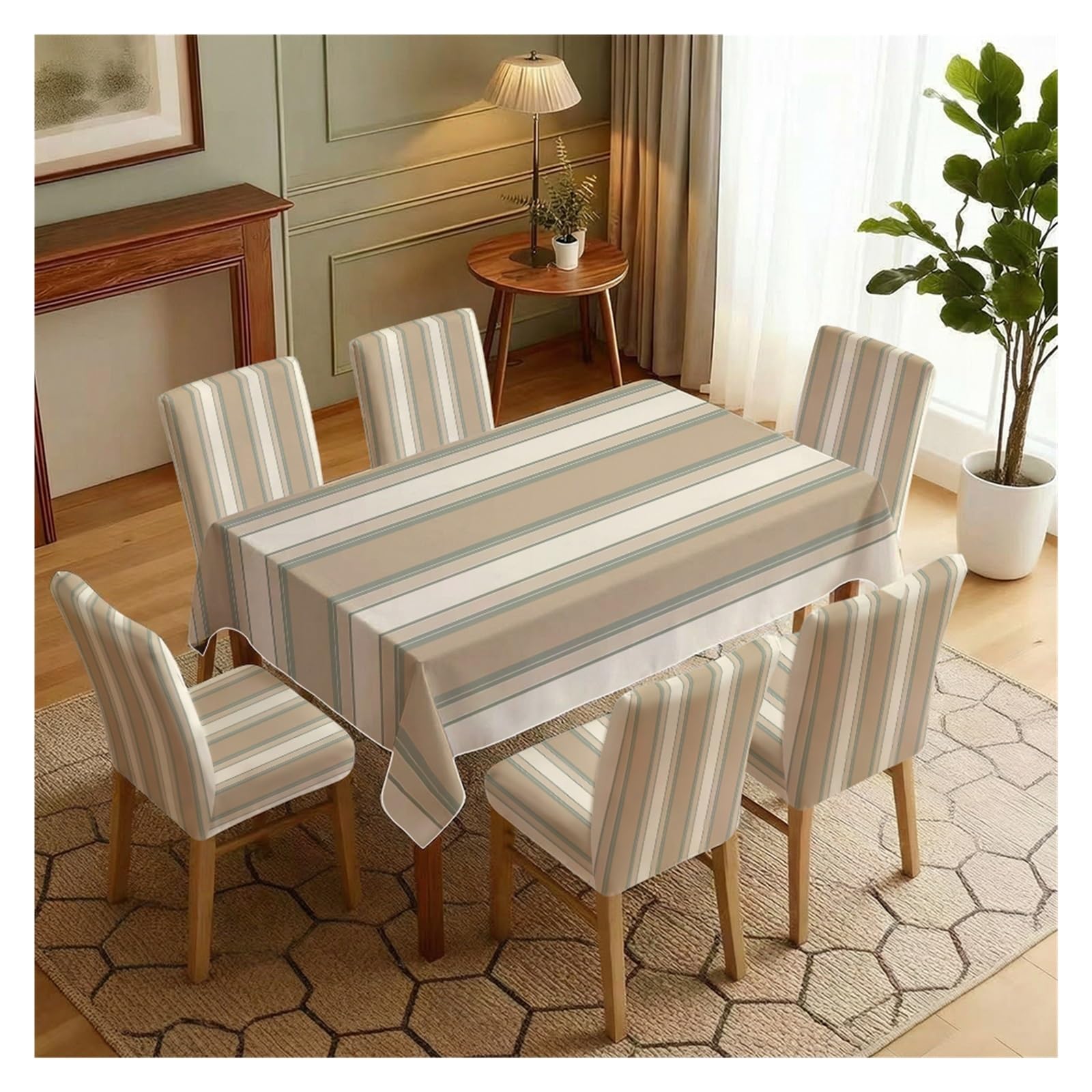 BOSUYBN Neutral Stripe Dining Covers Set, 5/7 Piece Chair Slipcovers With Matching Tablecloth For Everyday Dining Spaces Table Setting(7pcs Set: Tablecloth+Chair Covers)