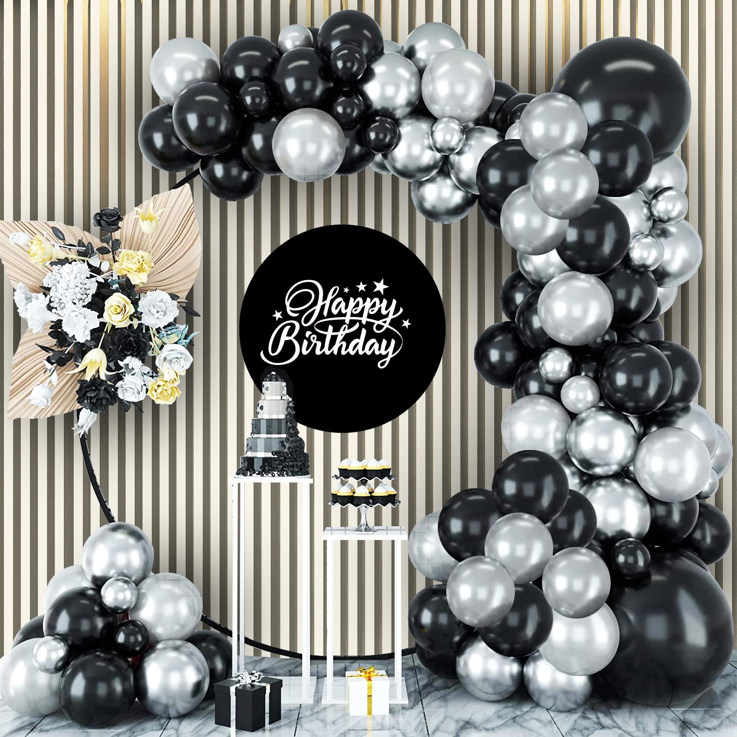 Party Propz Black and Silver Balloons for Decoration - Pack of 50 Pcs Black & Silver Birthday Decoration | Metallic Balloons for Decoration | Balloons for Birthday (Latex)-image-38
