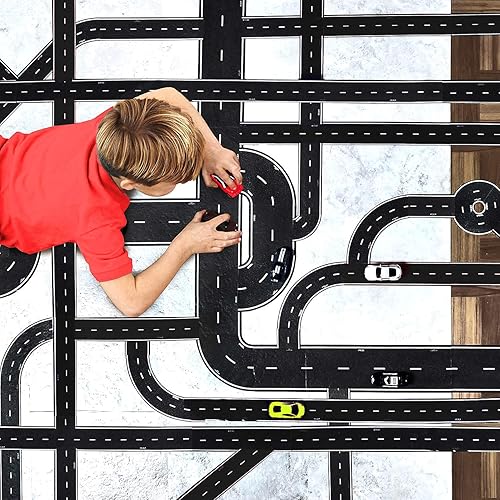 Miniatura 4 de PlayTape Cinta de carretera y curvas para autos de juguete 1 rollo de 30 pies de largo x 4 pulgadas de ancho negro carretera  1 rollo de 12 curvas