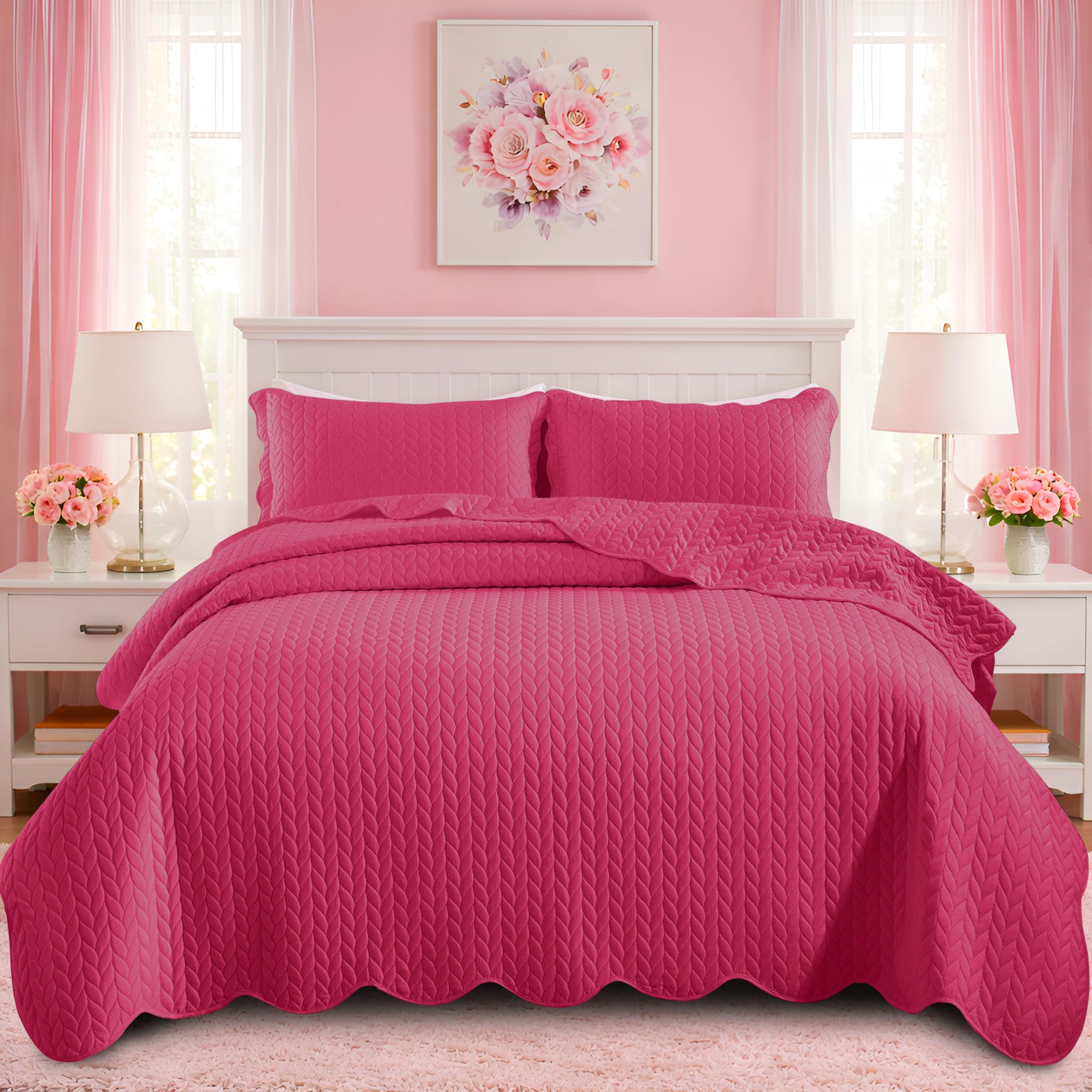 Twin Quilt Set Bedspread Coverlet Microfiber Bedding Leaf Hot Pink 68x86