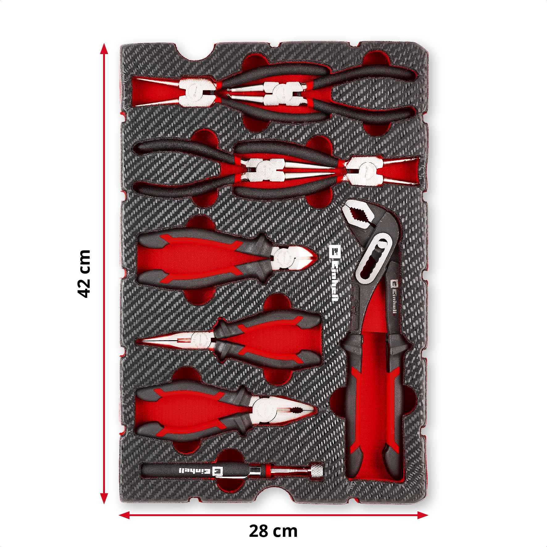 Original Einhell E-Case Pad 9 pièces pinces (set de pinces à circlips, pince multiprise, pince universelle, pince à bec long, pince coupante, aimant télescopique, système E-Case)