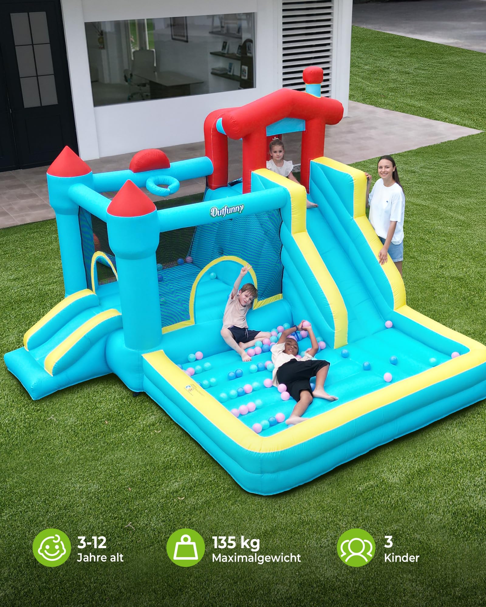 Outfunny Hüpfburg groß für Kinder, Aufblasbare Hüpfburg Indoor & Outdoor mit Gebläse 450W, Rutsche - Blau