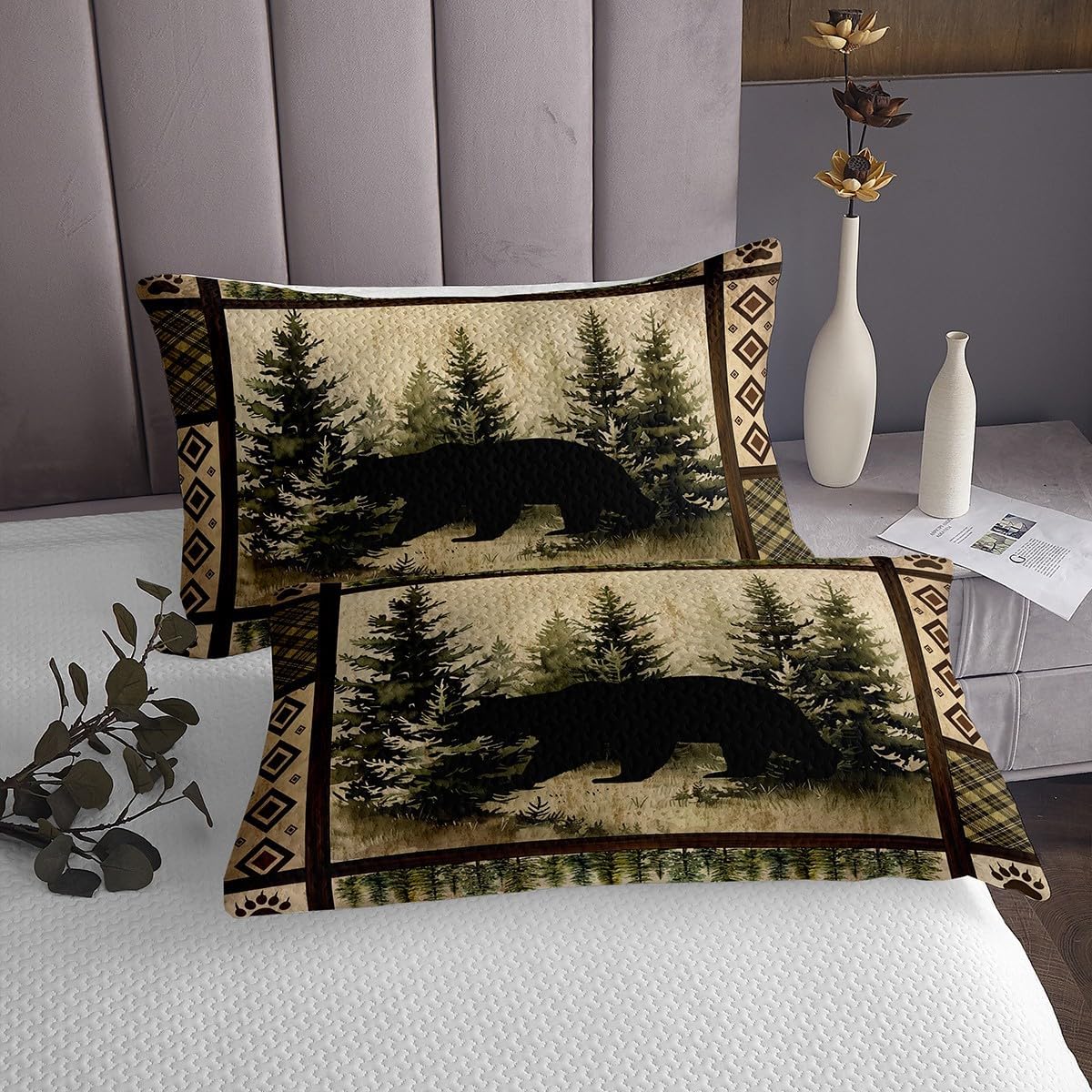 jejeloiu Cabin Rustic Bear Bedspread Queen Size Kids Wild Animal Farmhouse Quilted Coverlet for Boys Girls Teens Nature Wildlife Wooland Hunting Coverlet Set Forest Green