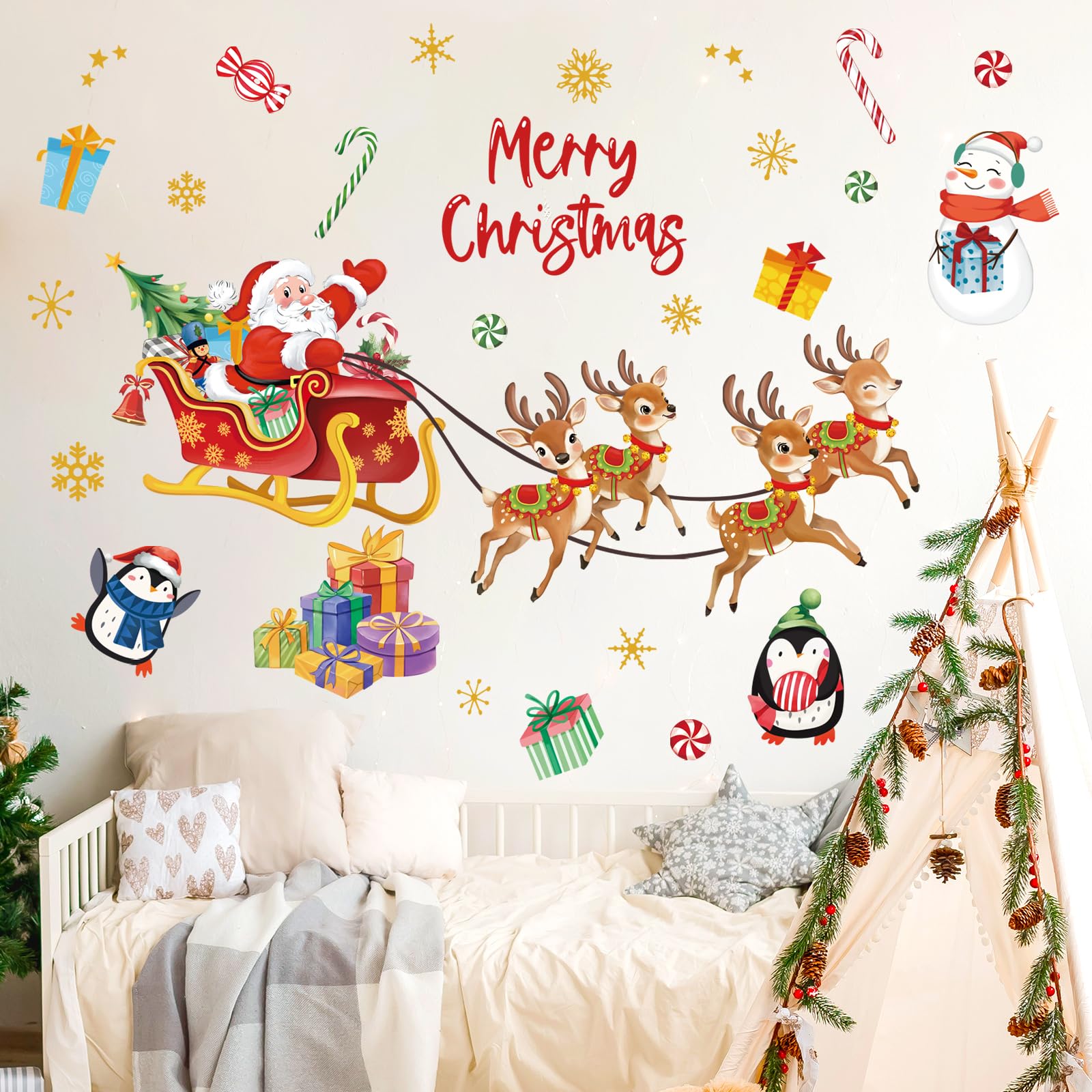 FUFUQUARE Merry Chritsmas Santa Claus Reindeer Wall Stickers Watercolor Xmas Penguins Snowman Wall Art Decals Peel and Stick Removable PVC Winter Party Supplies